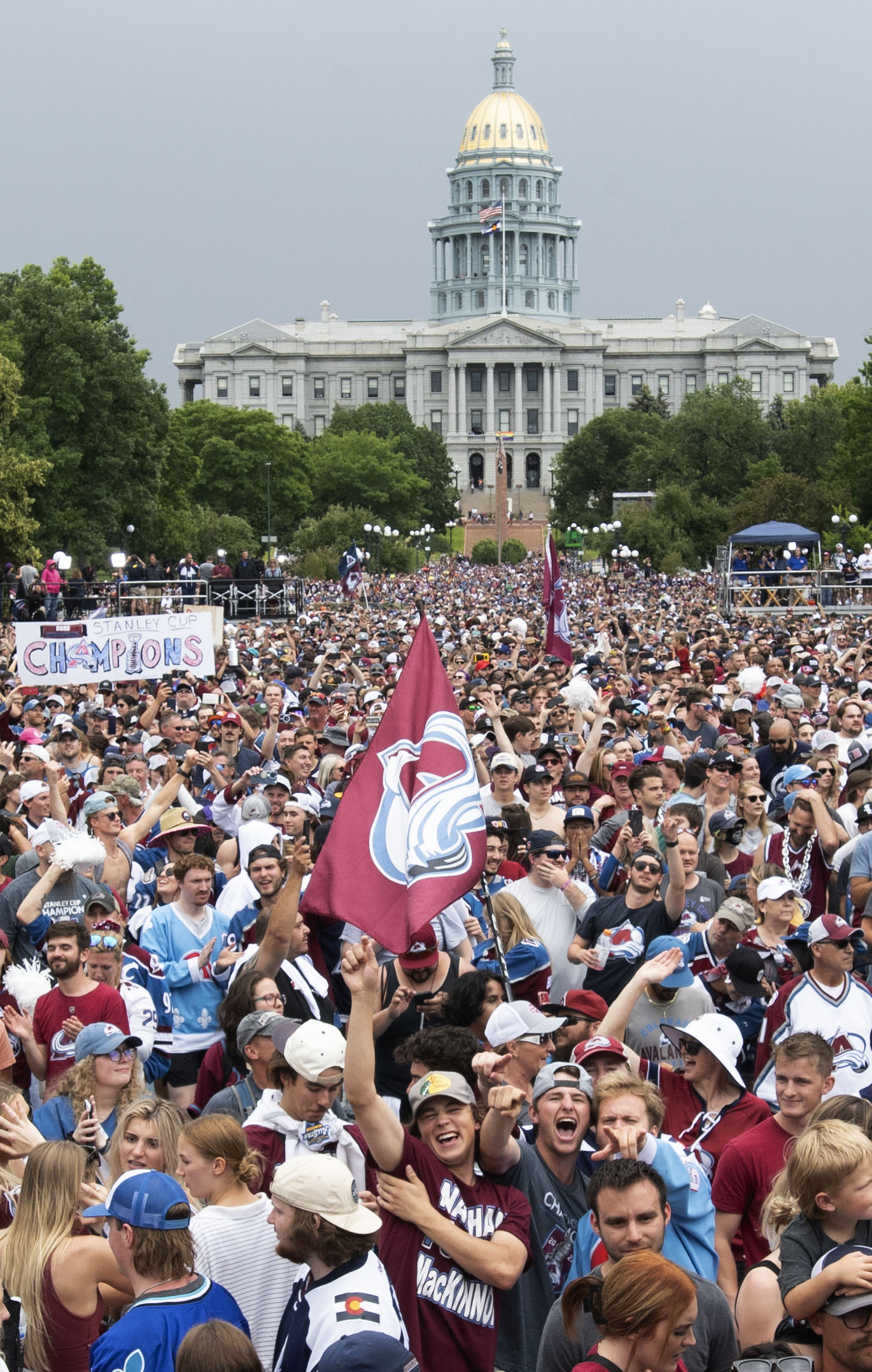 FILE PHOTO: Fans cheers with the Colorado Capitol in the background during the Colorado Avalanche 2022 Championship rally Thursday, June 30, 2022, in Civic Center Park in Denver. (The Denver Gazette, Christian Murdock) (Christian Murdock/The Denver Gazette)