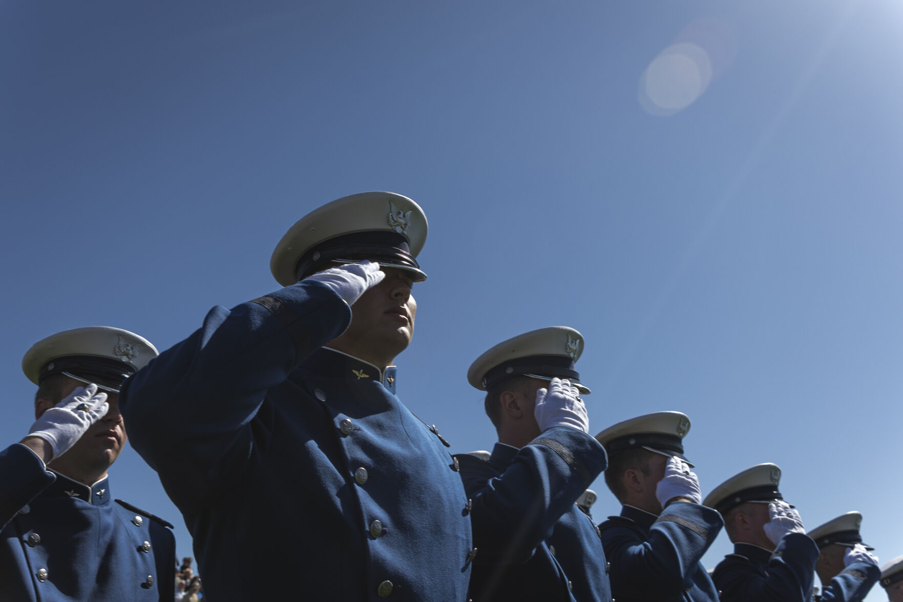 Graduating cadets salute their squadrons at the U.S. Air Force Academy Class of 2023 Graduation Parade at Stillman Field in Colorado Springs, Co., on Wednesday, May 31, 2023. (Gabi Broekema)