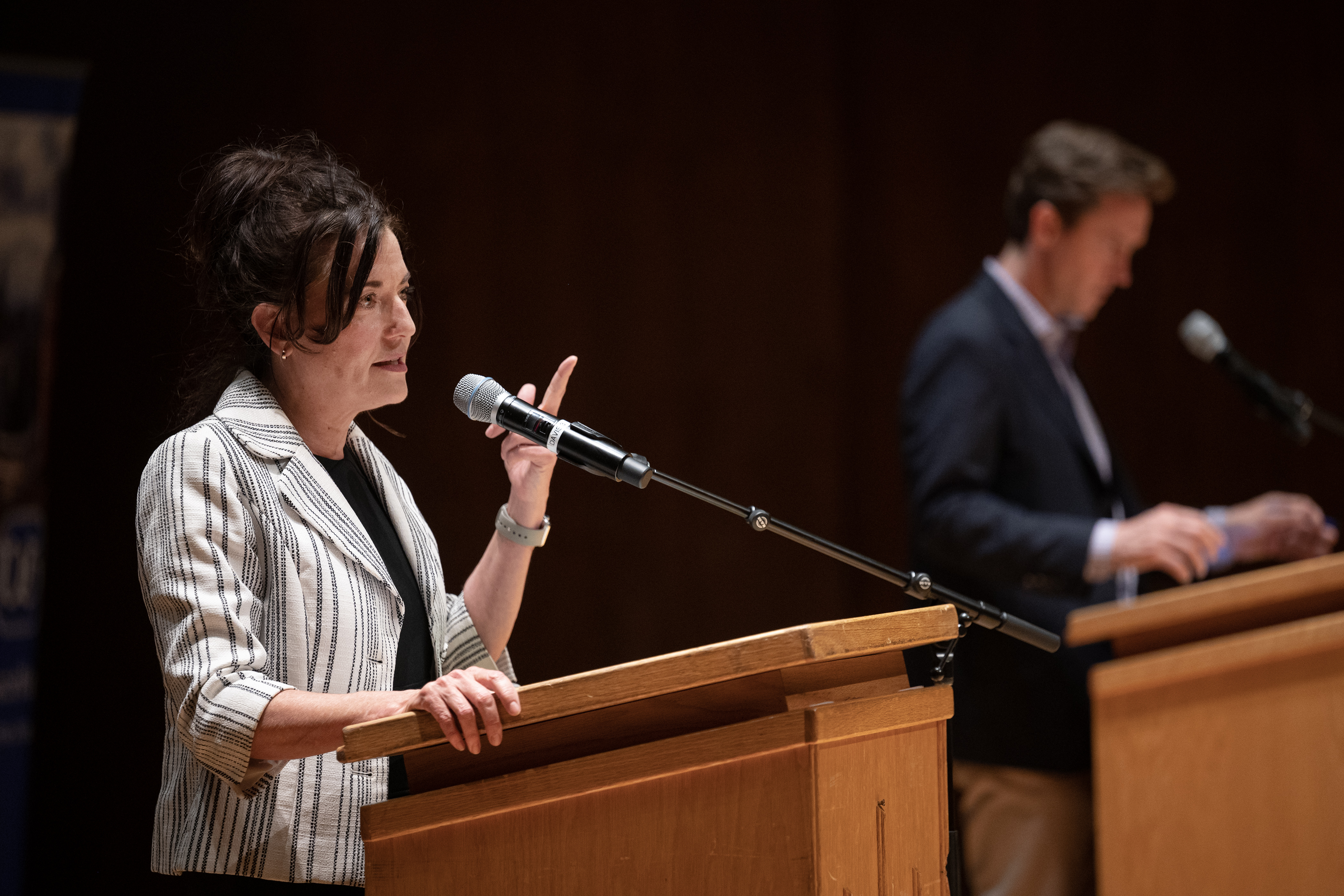 Denver mayoral run-off candidate Kelly Brough, left, answers a question during a debate with candidate Mike Johnston on Thursday, May 18, 2023, in the Sam & Freda Davis Auditorium at the University of Denver in Denver, Colo. (Timothy Hurst/Denver Gazette) (TimHursttim.hurst@gazette.comhttps://secure.gravatar.com/avatar/aca82bd62b4ee425c598527cd6faa1b1?d=mm&r=g)