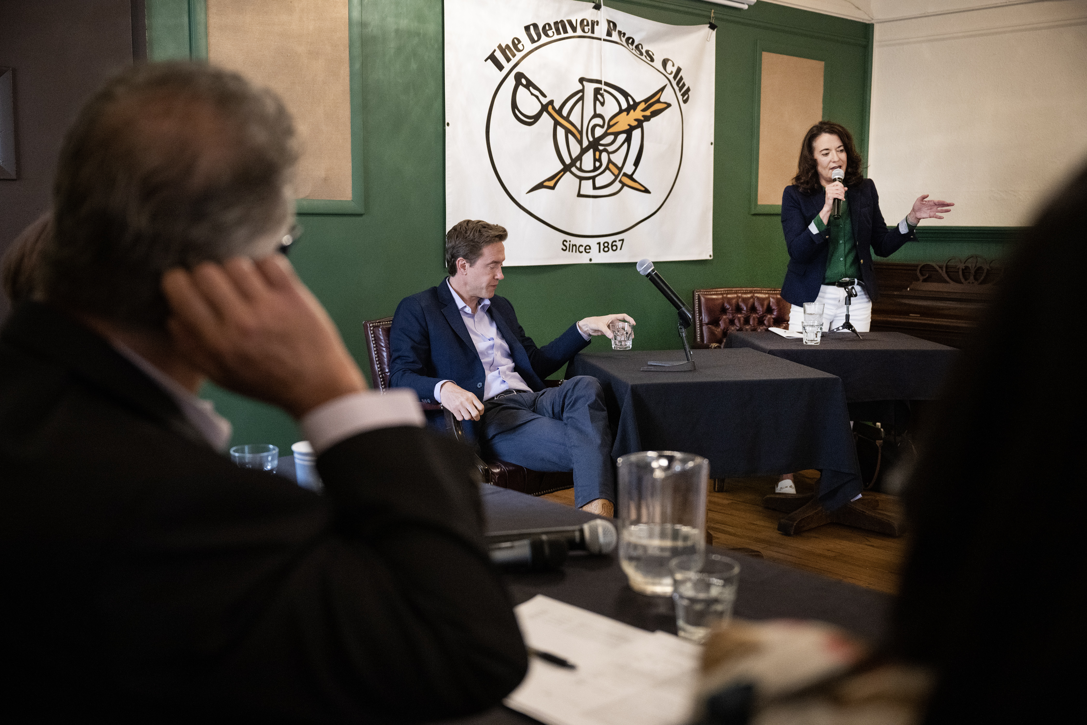Denver mayoral candidate Kelly Brough answers a question from moderators during a mayoral forum and debate between herself and candidate Mike Johnston held at the The Denver Press Club on Thursday morning, May 25, 2023, in Denver. (Timothy Hurst/Denver Gazette) (TimHursttim.hurst@gazette.comhttps://secure.gravatar.com/avatar/aca82bd62b4ee425c598527cd6faa1b1?d=mm&r=g)