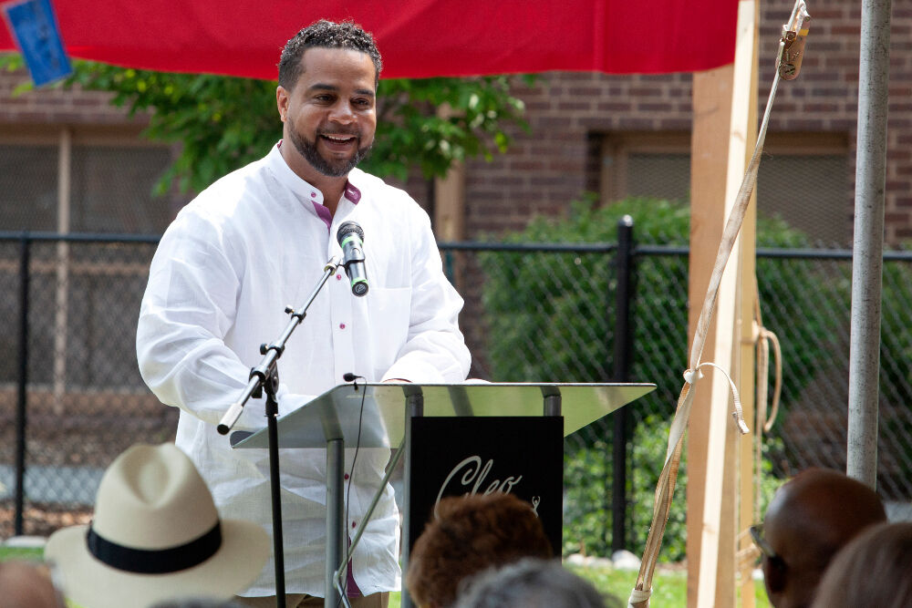 Cleo Parker Robinson Dance Executive Director Malik Robinson speaks at a 'ground blessing' on Tuesday. (Photo by Jason Knowles, Fentress Architects)