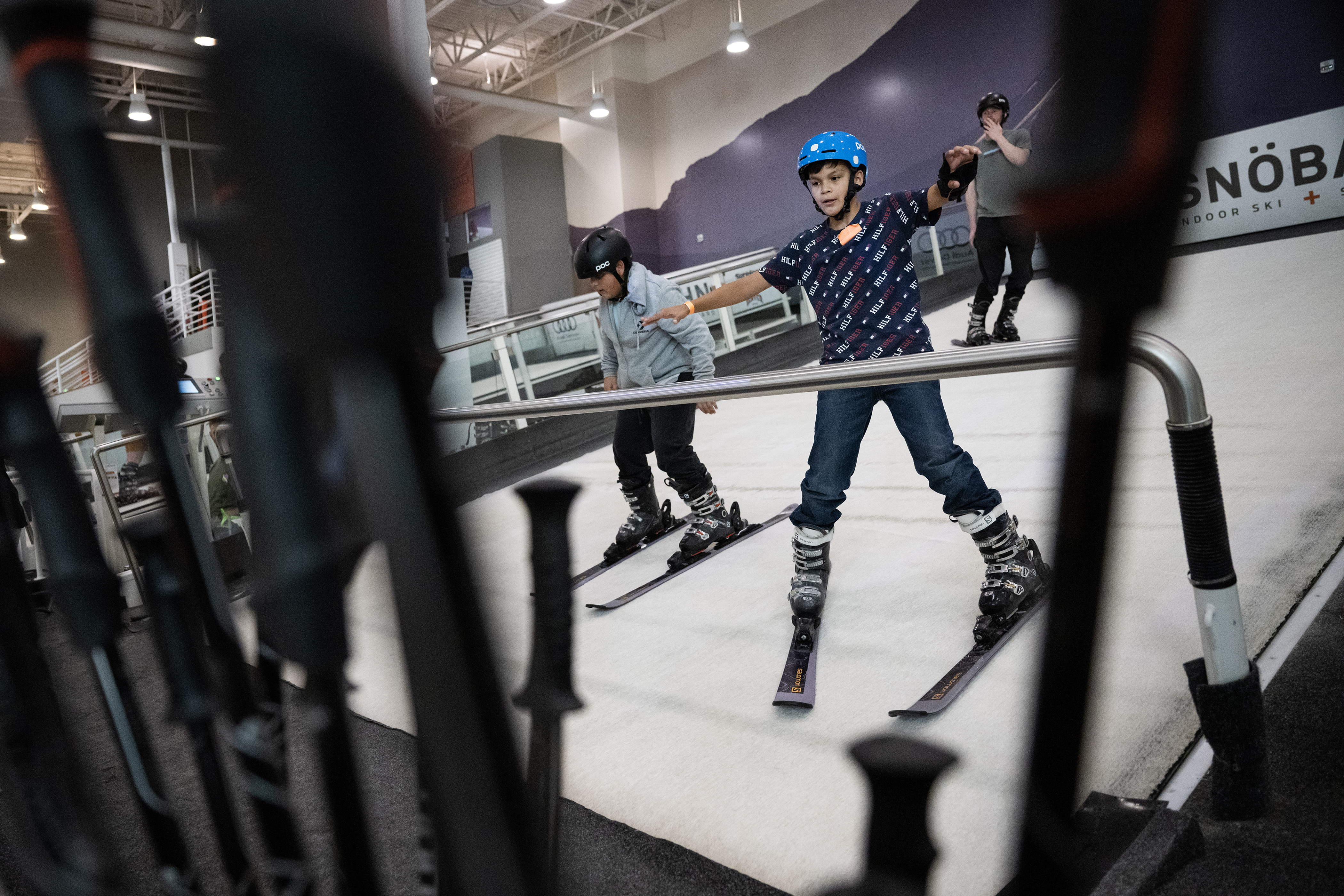 Fifth graders Erik Jaques, right, and Izan Hernandez make their way down one of the indoor revolving slopes and back to the grab bar while working with team lead Sean Duncan as part of Chris Anthony’s Youth Initiative Project on Tuesday, May 23, 2023, at SNÖBAHN Indoor Ski + Snowboard Center in Centennial, Colo. (Timothy Hurst/Denver Gazette) (TimHursttim.hurst@gazette.comhttps://secure.gravatar.com/avatar/aca82bd62b4ee425c598527cd6faa1b1?d=mm&r=g)