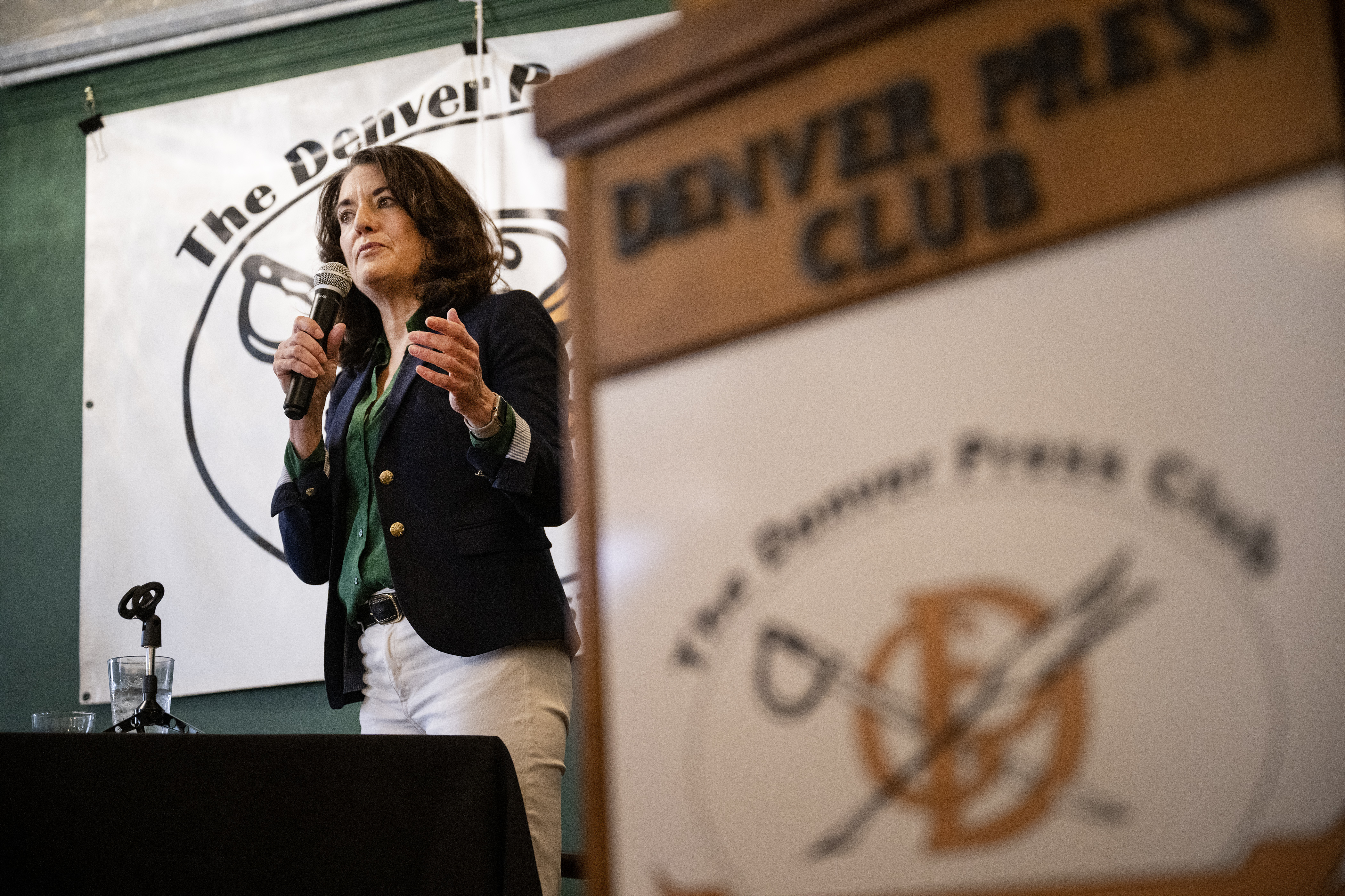 Denver mayoral candidate Kelly Brough answers a question from moderators during a mayoral forum and debate between herself and candidate Mike Johnston held at the The Denver Press Club on Thursday morning, May 25, 2023, in Denver. (Timothy Hurst/Denver Gazette) (TimHursttim.hurst@gazette.comhttps://secure.gravatar.com/avatar/aca82bd62b4ee425c598527cd6faa1b1?d=mm&r=g)