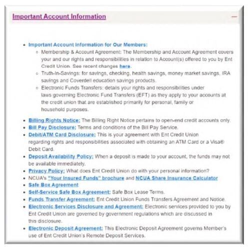 A box including a hyperlink to updated terms and conditions from Ent Credit Union. Source: Macasero v. Ent Credit Union