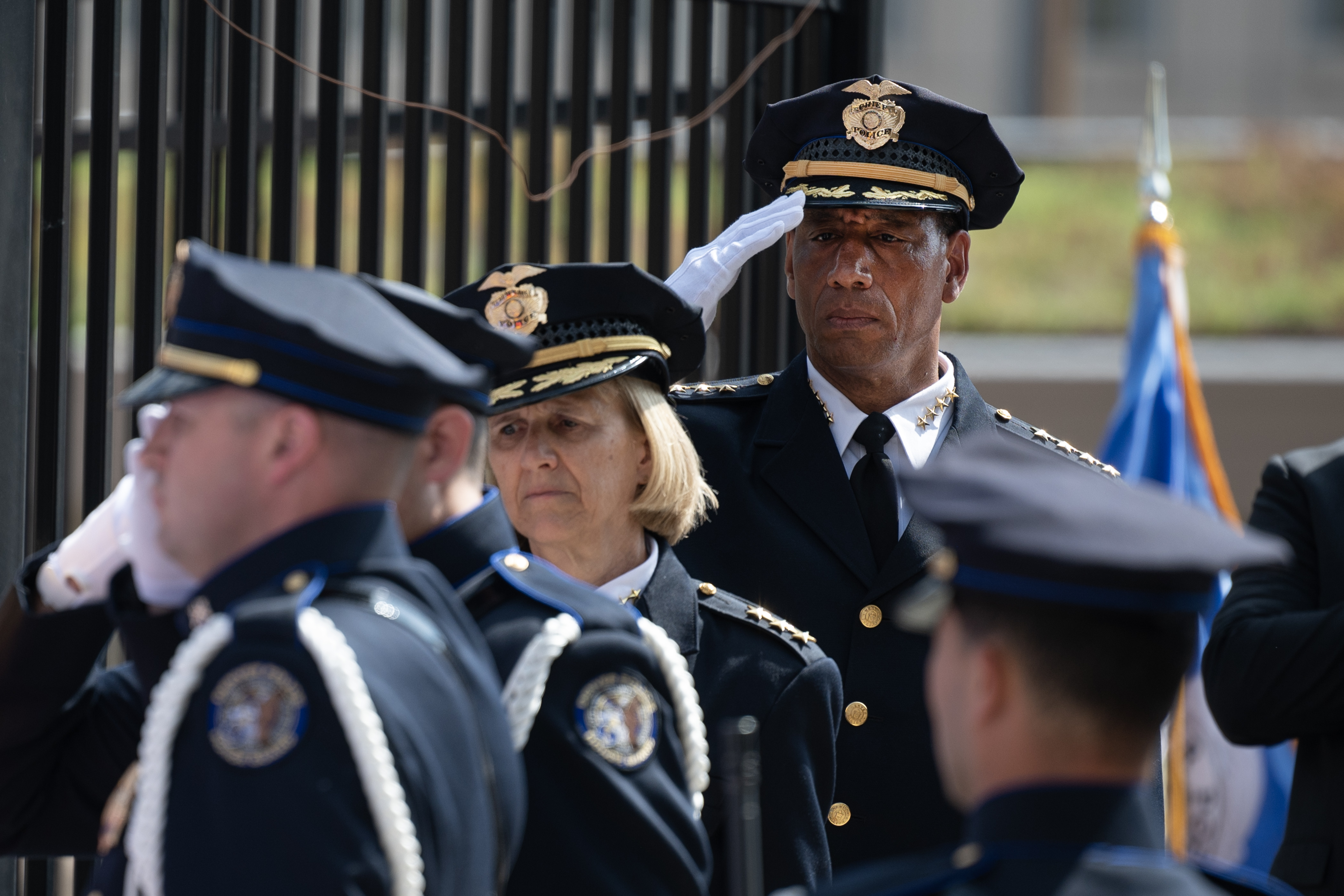 Denver chief of police Ron Thomas salutes during the Star Spangled Banner during the Denver Police Department’s annual fallen officers memorial ceremony on Thursday, May 18, 2023, at the department’s administration building in Denver, Colo. (Timothy Hurst/Denver Gazette) (TimHursttim.hurst@gazette.comhttps://secure.gravatar.com/avatar/aca82bd62b4ee425c598527cd6faa1b1?d=mm&r=g)