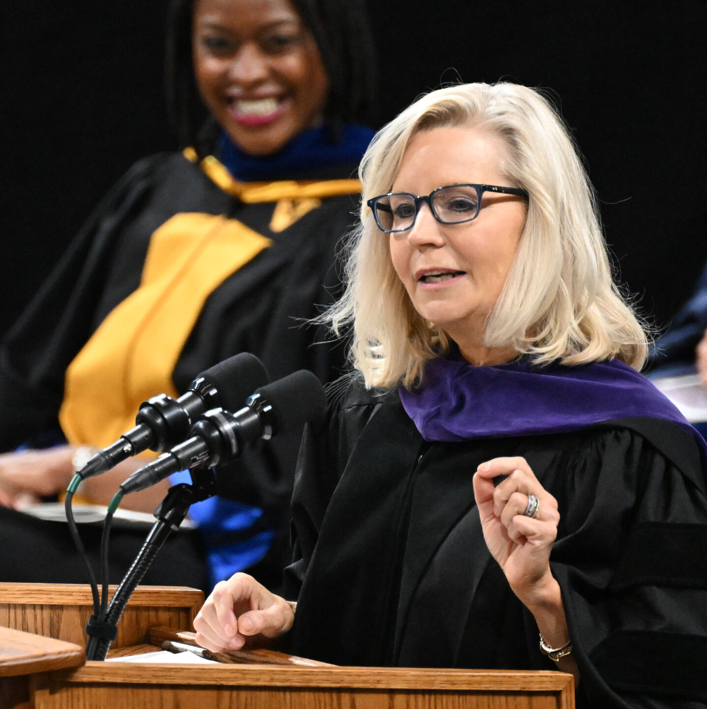 Colorado College alumna and Former U.S. Rep. Liz Cheney, R-Wyo, gives the commencement speech at Colorado College on Sunday, May 28, 2023 at Ed Robson Arena. (Photo by Jerilee Bennett, The Gazette)
