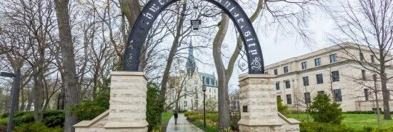 Evanston, Illinois, USA - April 30, 2016: Weber Arch and University Hall at Northwestern University in Evanston, Illinois.