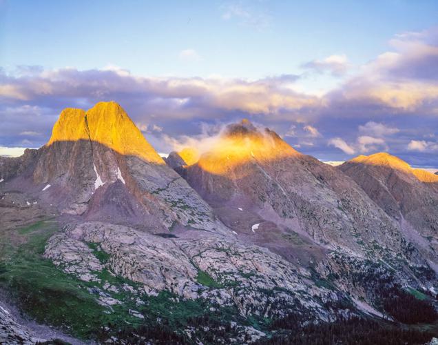 Vestal 13864 (left) and Arrow Peaks, Goat Ridge Trinity Alps, Needle Mountains, Weminuche Wilderness, John Fielder.jpg