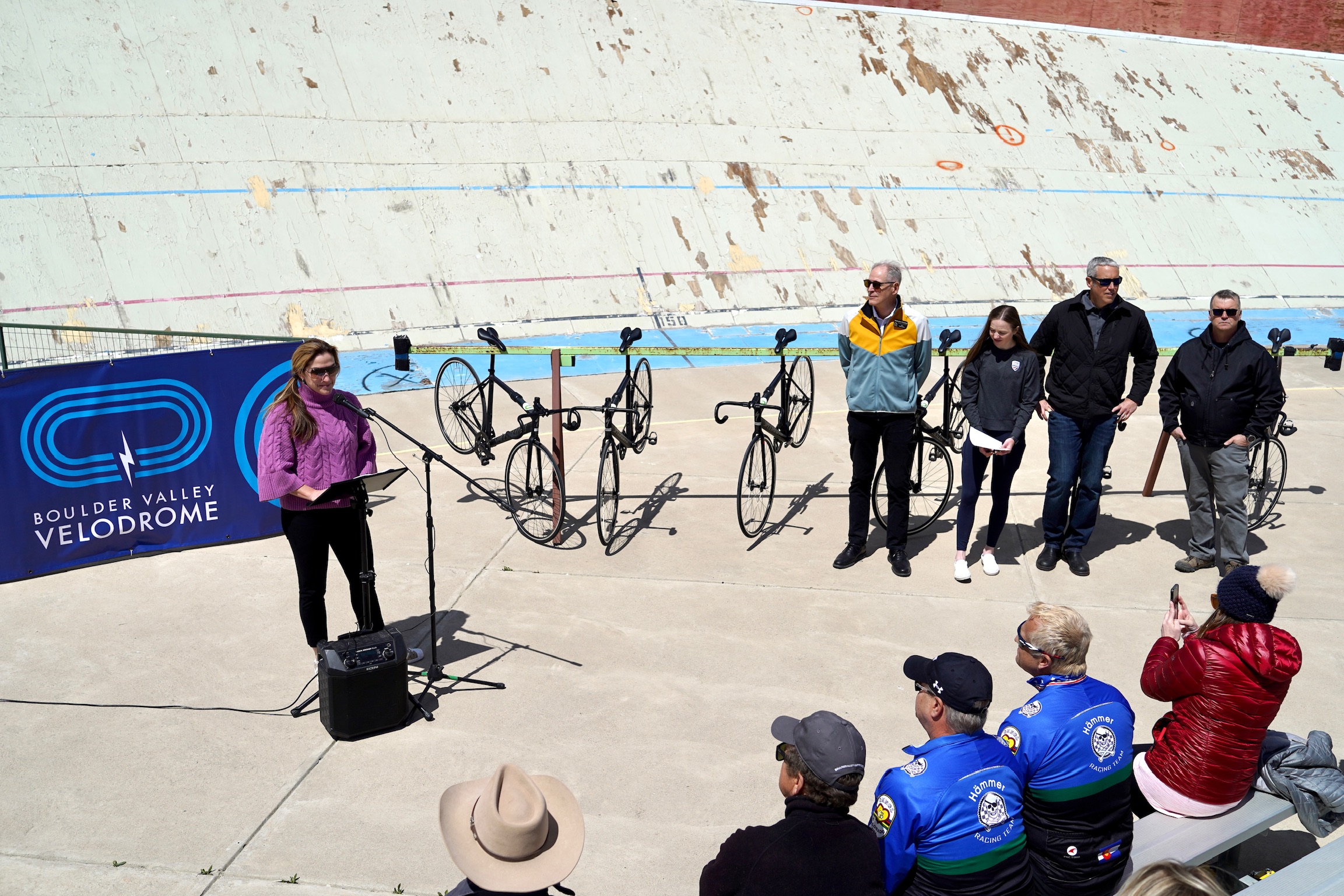 Cari Higgins from BVV Holdings LLC, current board chair of USA Cycling, and track cycling champion speaks at a press conference regarding the resurrection of Boulder Valley Velodrome, Thursday, April 20, 2023 in Erie, Colorado. (Courtesy Boulder Valley Velodrome/OnSight Public Affairs)