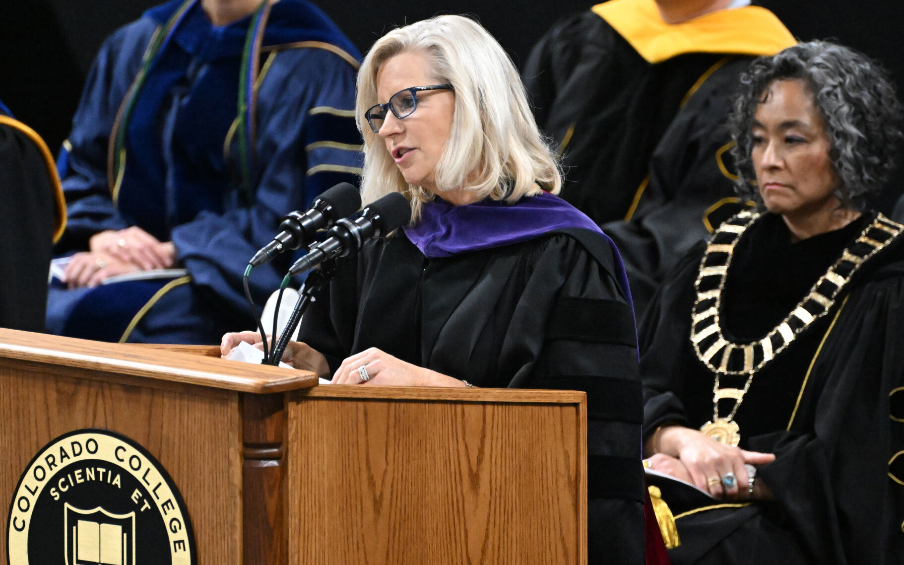 Colorado College alumna and Former U.S. Rep. Liz Cheney, R-Wyo, gives the commencement speech at Colorado College on Sunday, May 28, 2023 at Ed Robson Arena. (Photo by Jerilee Bennett, The Gazette)