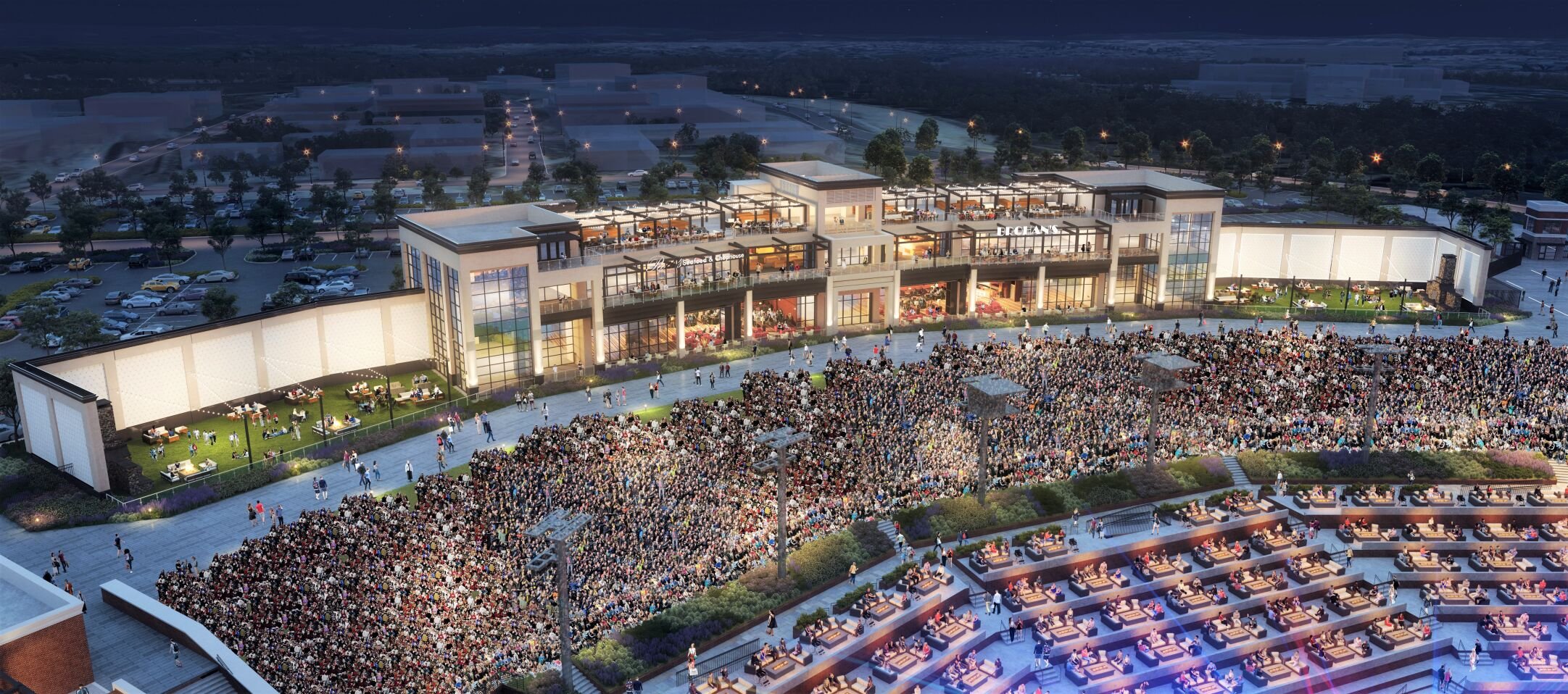 A rendering shows a $35 million restaurant and event center complex that would be built at the east edge of The Sunset, an 8,000-seat, outdoor amphitheater planned to open in summer 2024 in northern Colorado Springs by Notes Live, the Springs-based entertainment company. The complex would be open year-round and operate separately from the amphitheater. BCA-STUDIOS/COURTESY NOTES LIVE