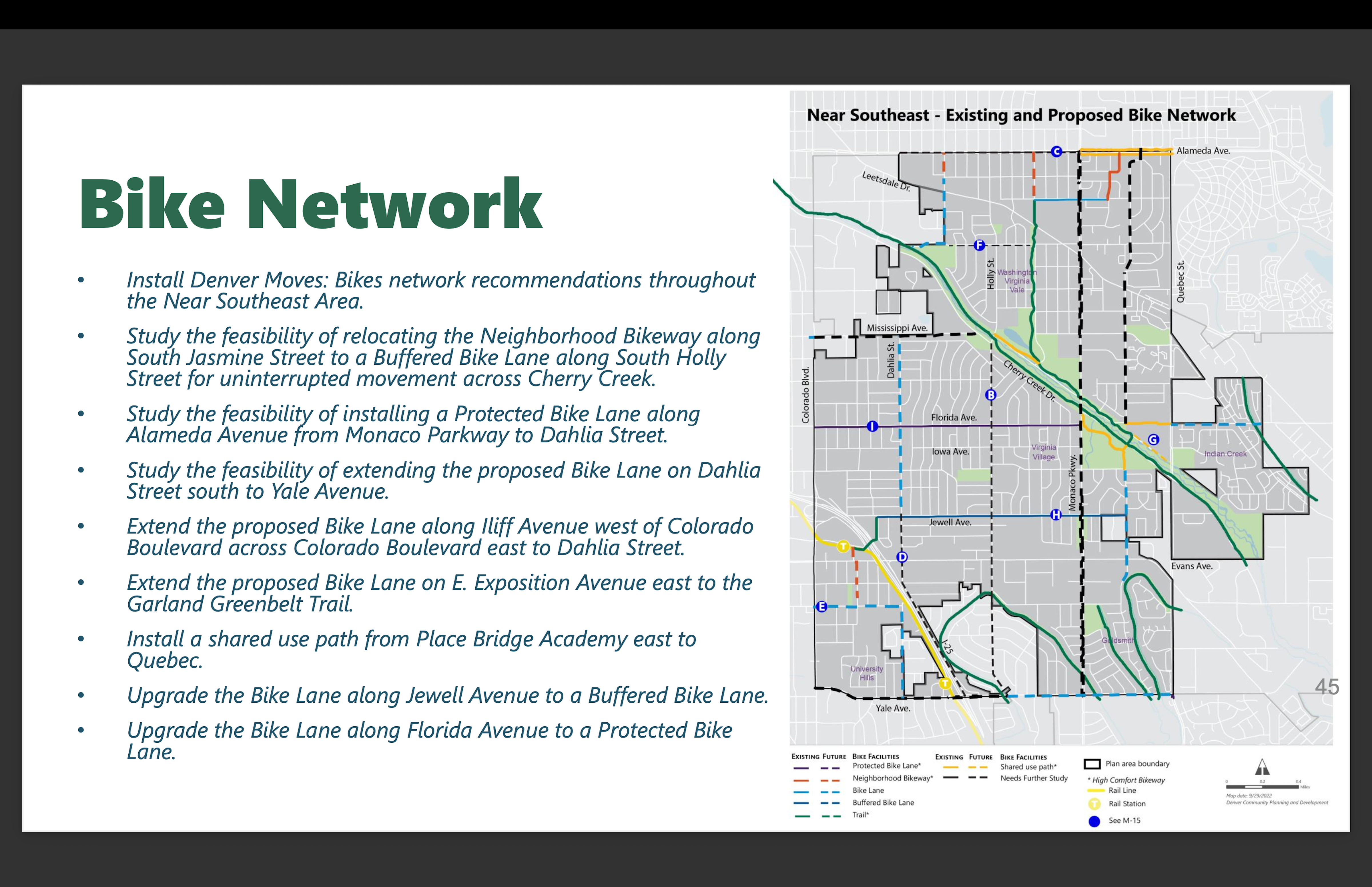 A slide containing information on the Near Southeast Area Plan's vision for improving a multi-neighborhood bike network. (Courtesy of the City and County of Denver)