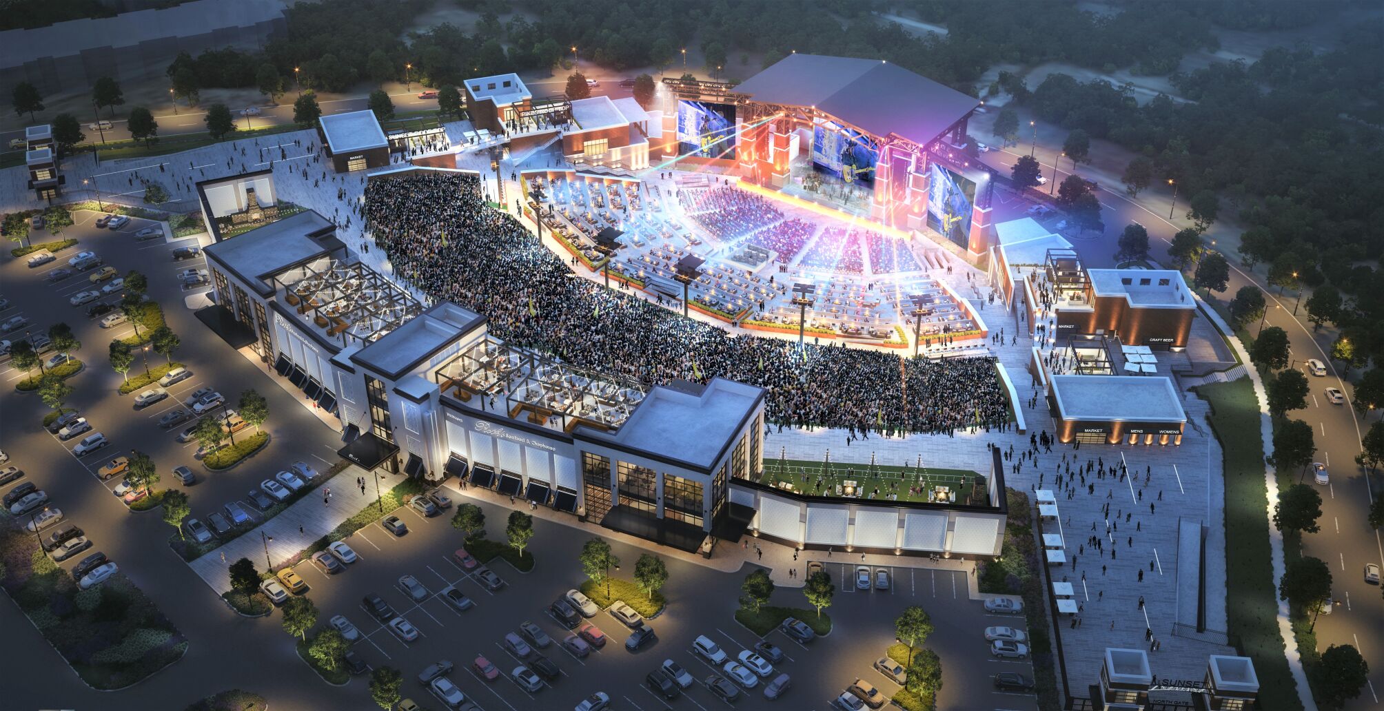 A rendering shows a $35 million restaurant and event center complex that would be built at the east edge of The Sunset, an 8,000-seat, outdoor amphitheater planned to open in summer 2024 in northern Colorado Springs by Notes Live, the Springs-based entertainment company. The complex would be open year-round and operate separately from the amphitheater. BCA-STUDIOS/COURTESY NOTES LIVE