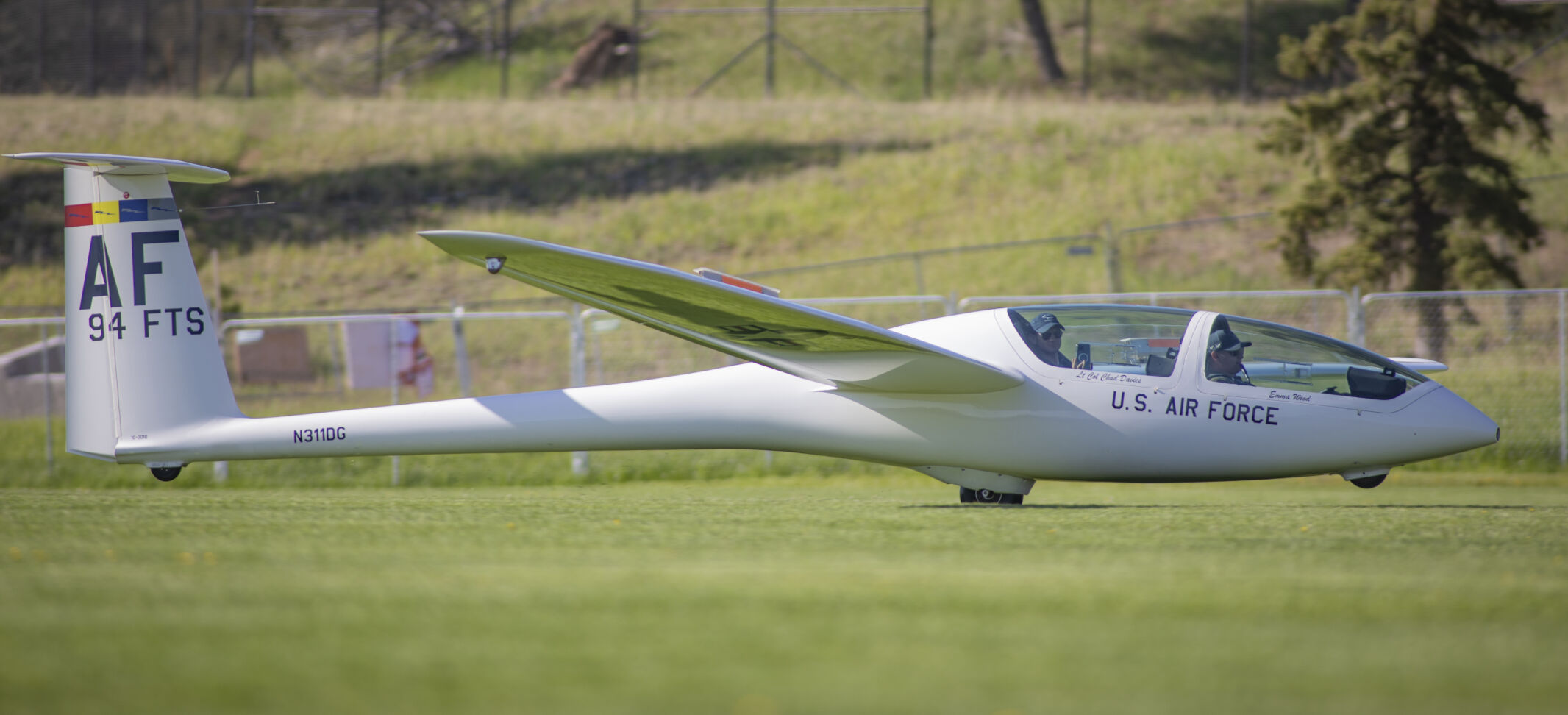 The second of six gliders successfully touches down on Stillman Field at the U.S. Air Force Academy Class of 2023 Graduation Parade in Colorado Springs, Co., on Wednesday, May 31, 2023. (Gabi Broekema)