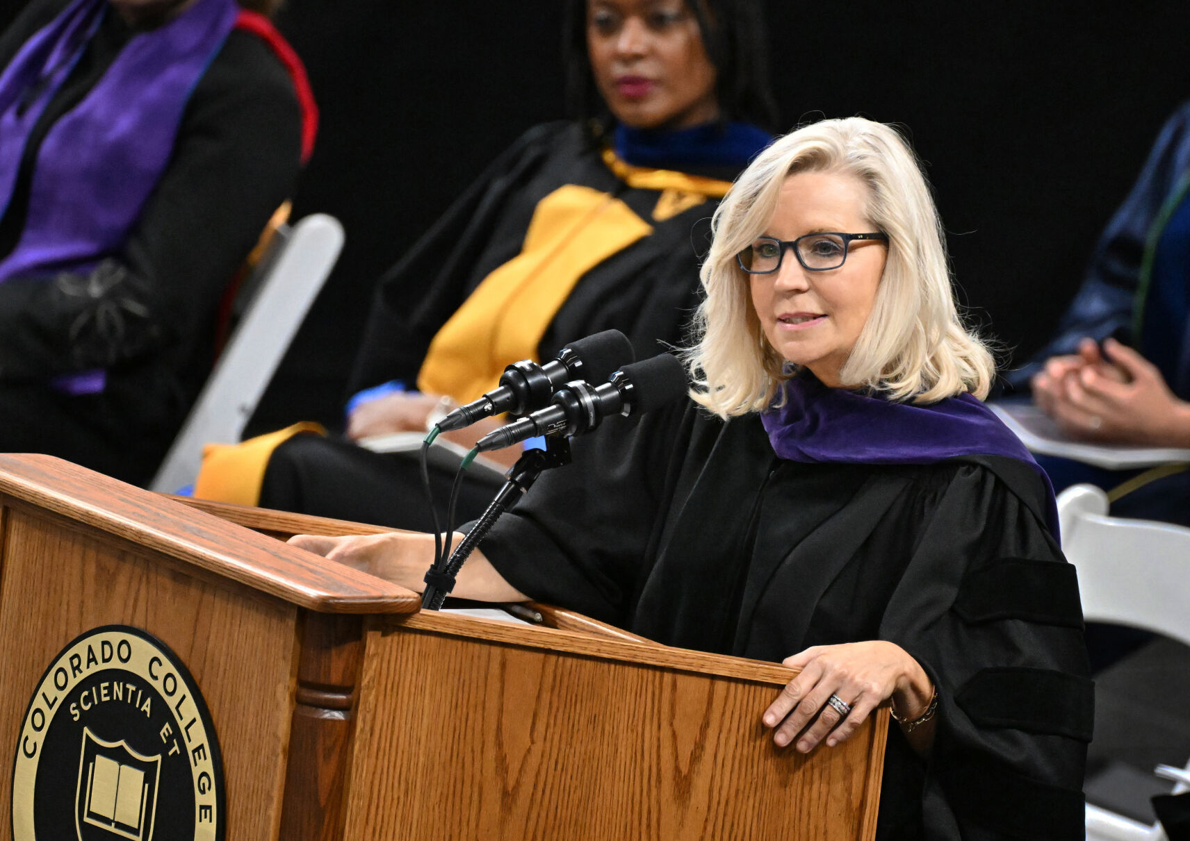Colorado College alumna and Former U.S. Rep. Liz Cheney, R-Wyo, gives the commencement speech at Colorado College on Sunday, May 28, 2023 at Ed Robson Arena. (Photo by Jerilee Bennett, The Gazette)