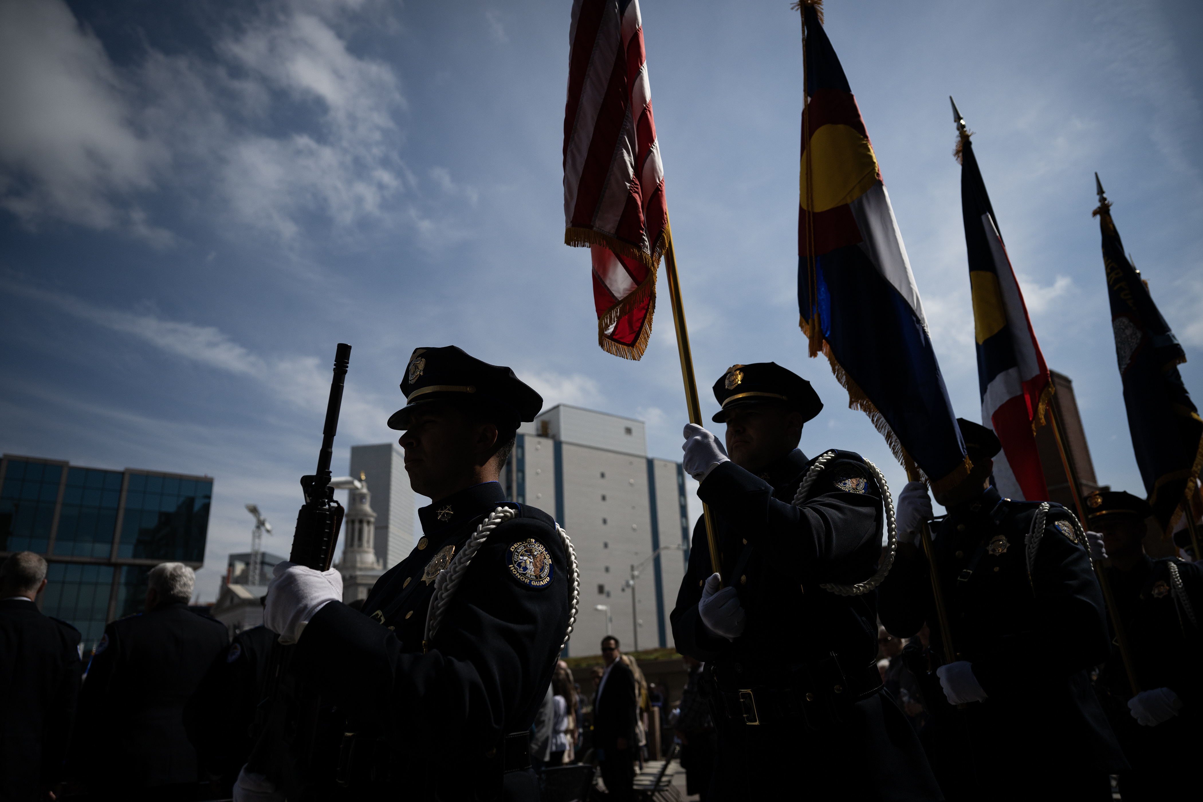 Honor guards present the colors on Thursday, May 18, 2023, during the Denver Police Department’s annual fallen officers memorial ceremony at the department’s administration building in Denver, Colo. (Timothy Hurst/Denver Gazette) (TimHursttim.hurst@gazette.comhttps://secure.gravatar.com/avatar/aca82bd62b4ee425c598527cd6faa1b1?d=mm&r=g)