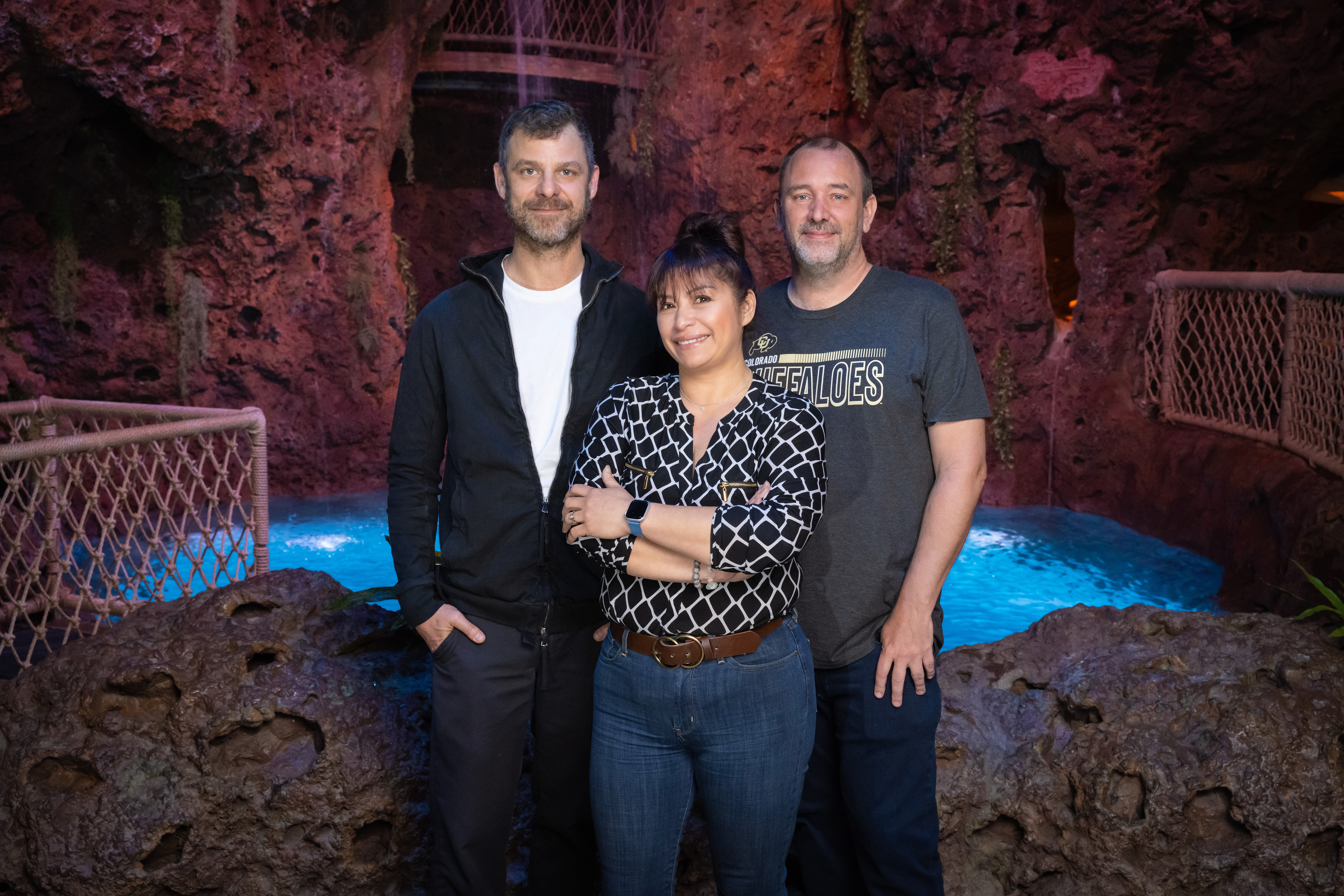 Casa Bonita's Matt Stone, Executive Chef Dana Rodriguez, Trey Parker are seen in a handout photo, provided on May 26, 2023. (Paul H. Trantow, Casa Bonita)