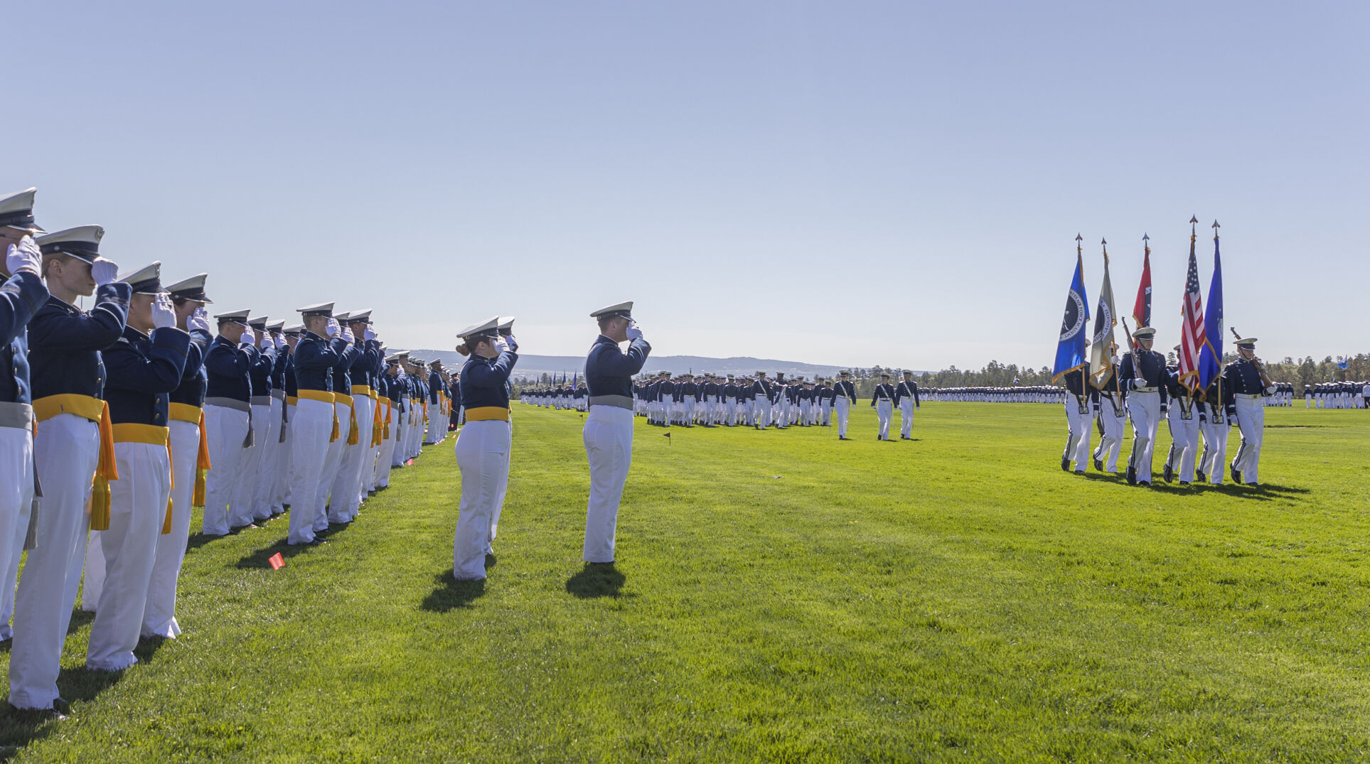 The squadrons march by the saluting graduating class at the U.S. Air Force Academy Class of 2023 Graduation Parade at Stillman Field in Colorado Springs, Co., on Wednesday, May 31, 2023. (Gabi Broekema)