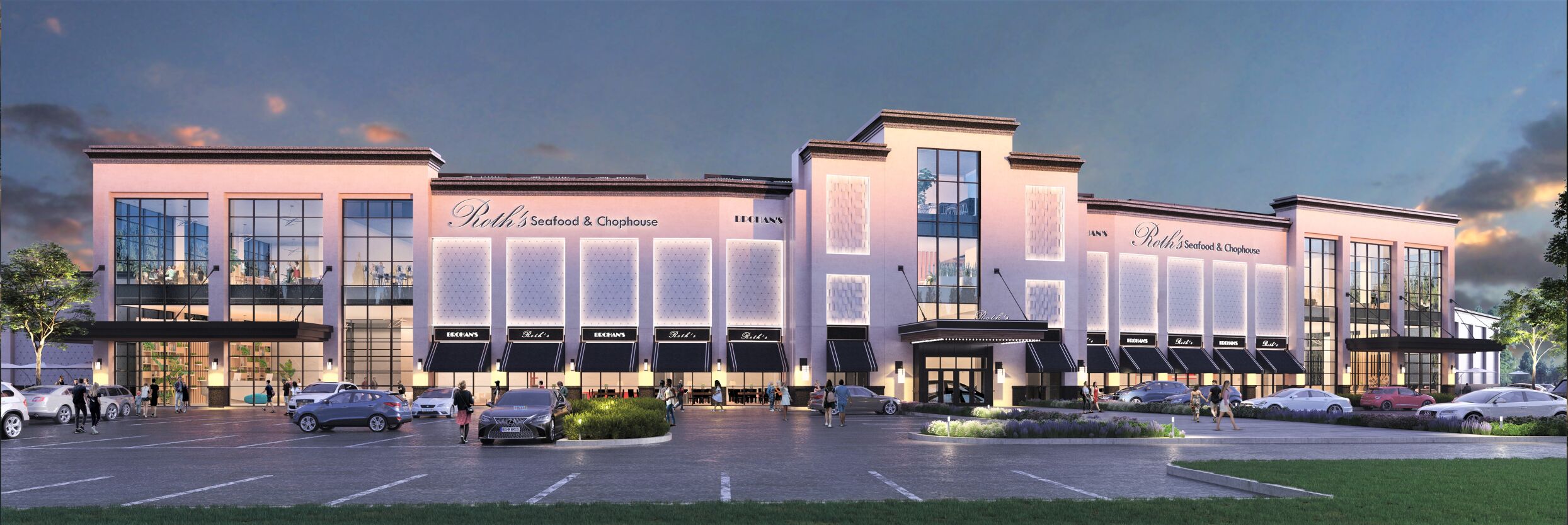 A rendering shows a $35 million restaurant and event center complex that would be built at the east edge of The Sunset, an 8,000-seat, outdoor amphitheater planned to open in summer 2024 in northern Colorado Springs by Notes Live, the Springs-based entertainment company. The restaurant, to be called Roth's Seafood & Chophouse, and the event center space would be open year-round and operate separately from the amphitheater. BCA-STUDIOS/COURTESY NOTES LIVE