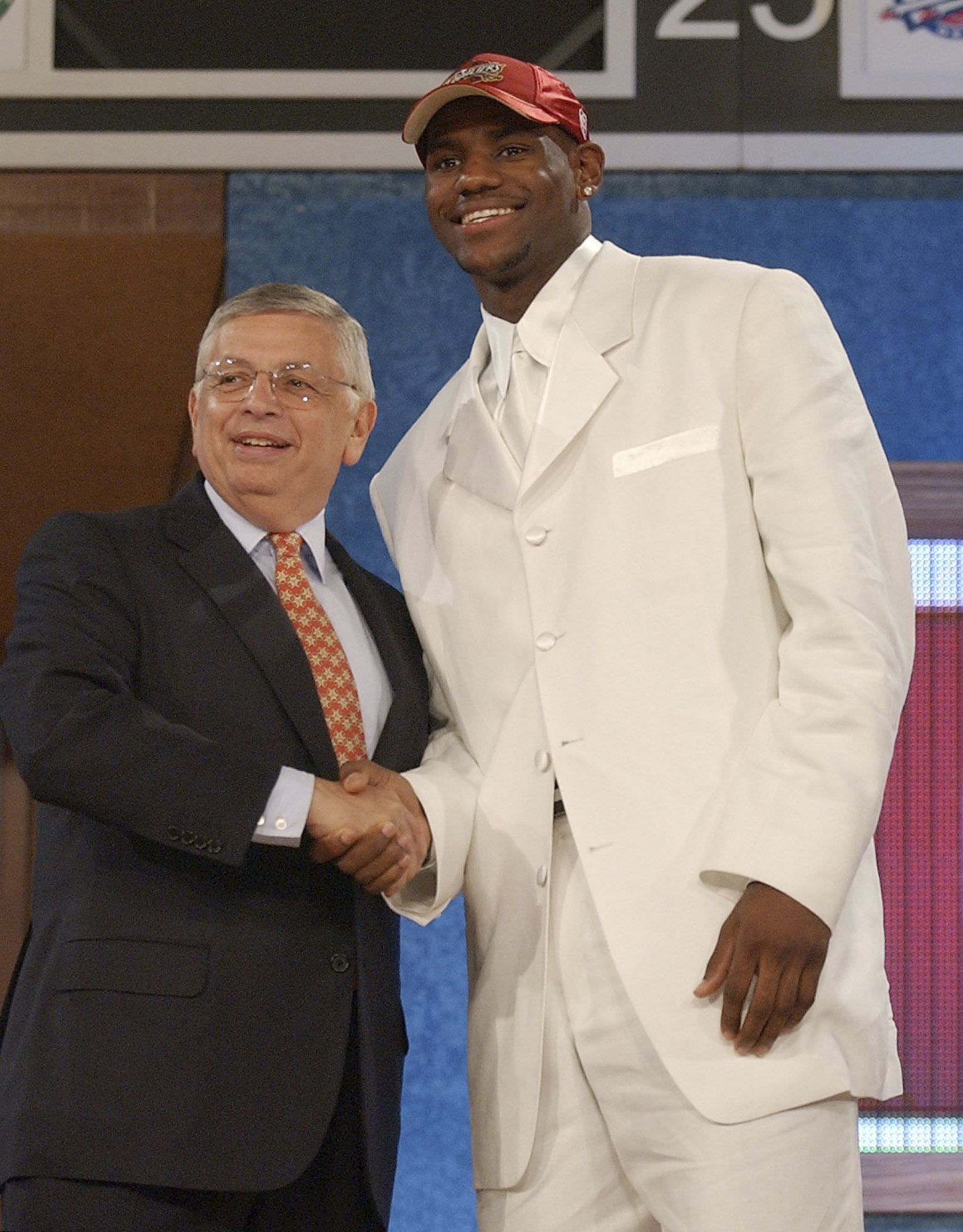 FILE - NBA Commissioner David Stern, left, congratulates LeBron James after he was chosen by the Cleveland Cavaliers as the overall first pick of the 2003 NBA Draft, June 26, 2003, in New York. (AP Photo/Ed Betz, File) (ED BETZ)
