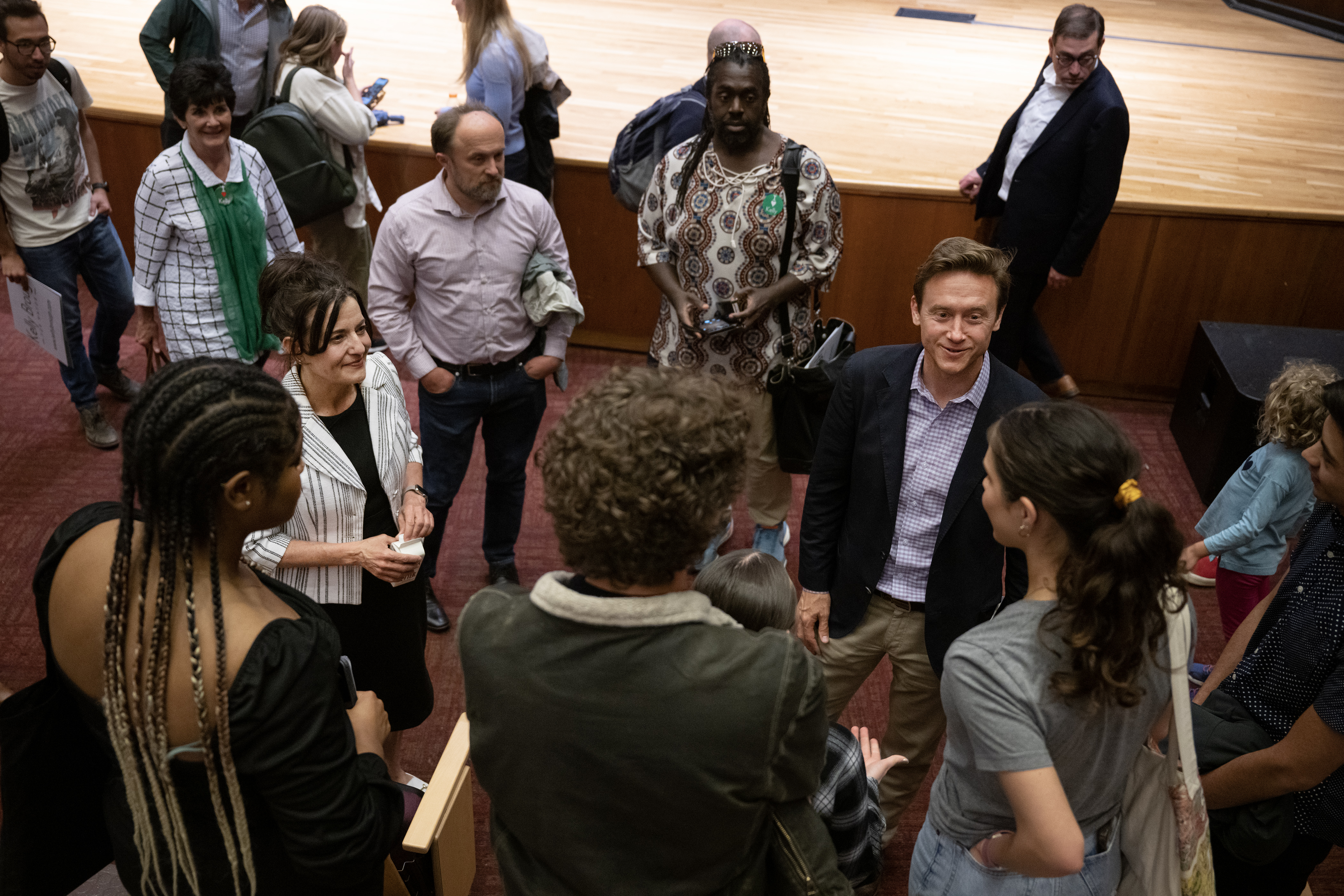 Denver mayoral run-off candidates Kelly Brough, center-left, and Mike Johnston, center-right, talk with University of Denver students who asked them questions during their debate on Thursday, May 18, 2023, in the Sam & Freda Davis Auditorium at the University of Denver in Denver, Colo. (Timothy Hurst/Denver Gazette) (TimHursttim.hurst@gazette.comhttps://secure.gravatar.com/avatar/aca82bd62b4ee425c598527cd6faa1b1?d=mm&r=g)