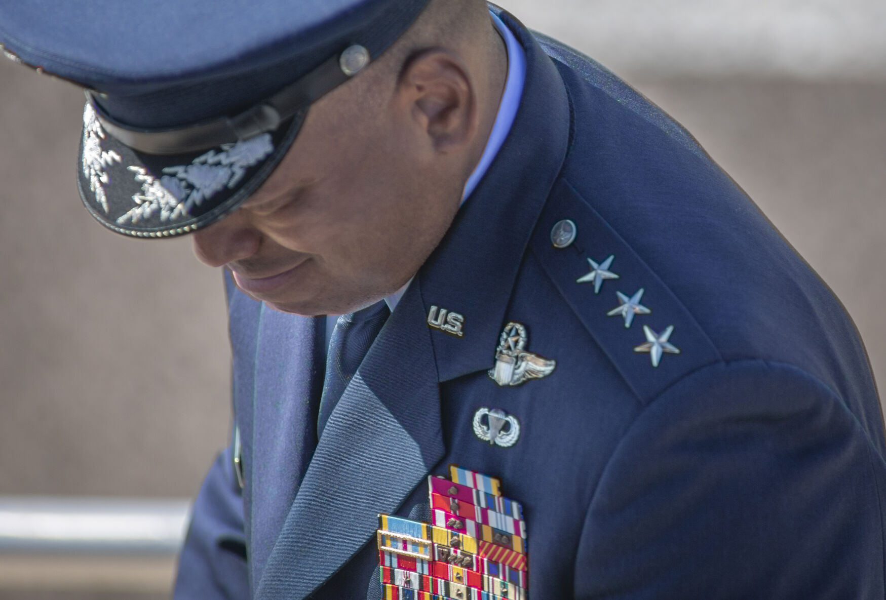 U.S. Air Force Academy Superintendent Lt. Gen. Richard M. Clark smiles as he takes a seat at the U.S. Air Force Academy Class of 2023 Graduation Parade at Stillman Field in Colorado Springs, Co., on Wednesday, May 31, 2023. (Gabi Broekema)