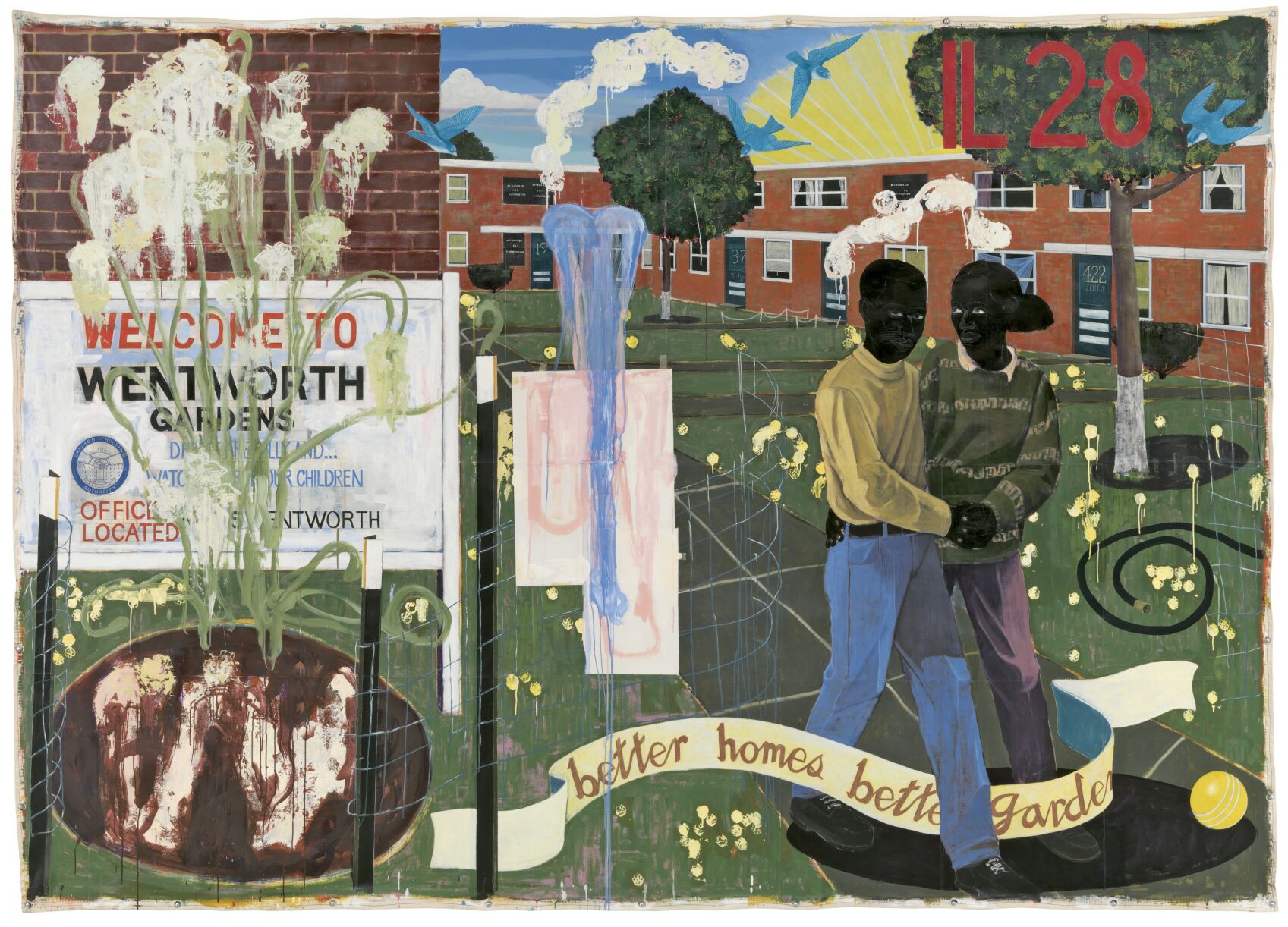 “Better Homes, Better Gardens” by Kerry James Marshall, 1994. Acrylic paint and paper collage on canvas. The Denver Art Museum is set to unveil three reinstalled collections this Sunday in its Hamilton Building, including this piece seen in the Modern and Contemporary Art Collection. (Courtesy of the Denver Art Museum)
