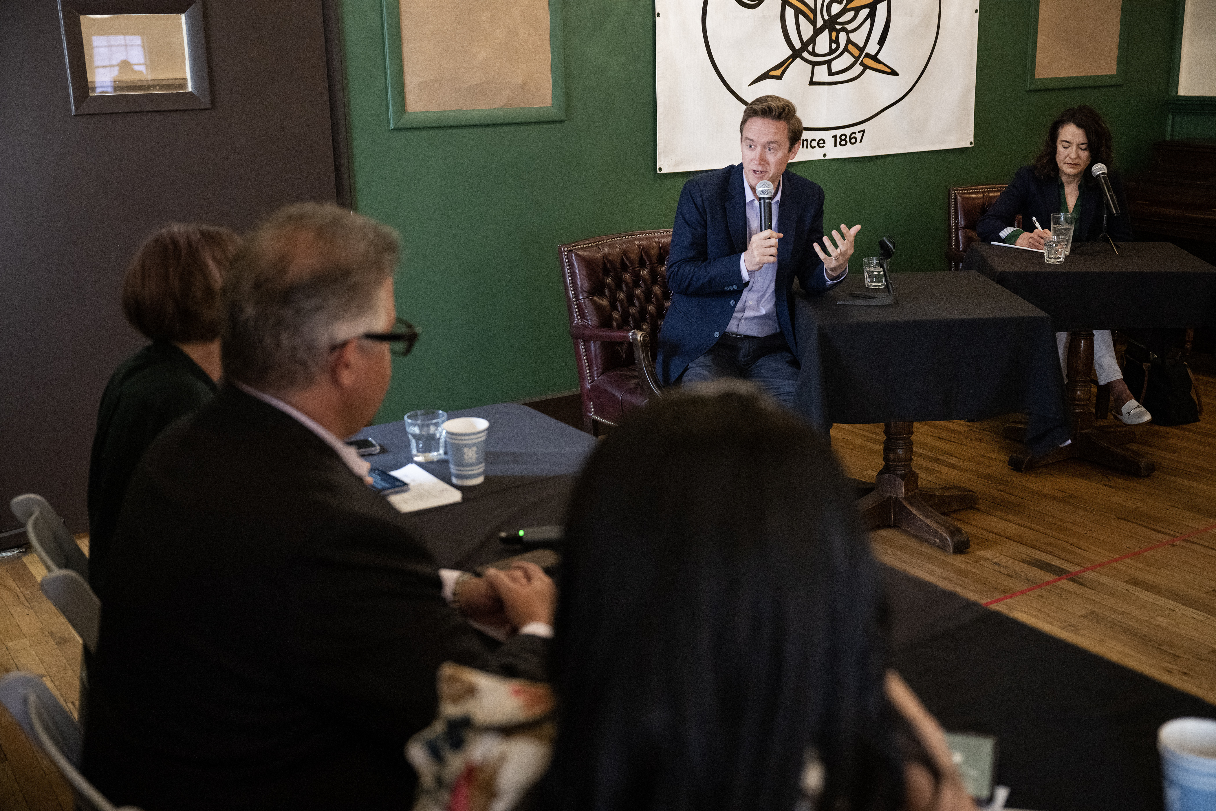 Denver mayoral candidate Mike Johnston answers a question from moderators during a mayoral forum and debate between himself and candidate Kelly Brough held at the The Denver Press Club on Thursday morning, May 25, 2023, in Denver. (Timothy Hurst/Denver Gazette) (TimHursttim.hurst@gazette.comhttps://secure.gravatar.com/avatar/aca82bd62b4ee425c598527cd6faa1b1?d=mm&r=g)
