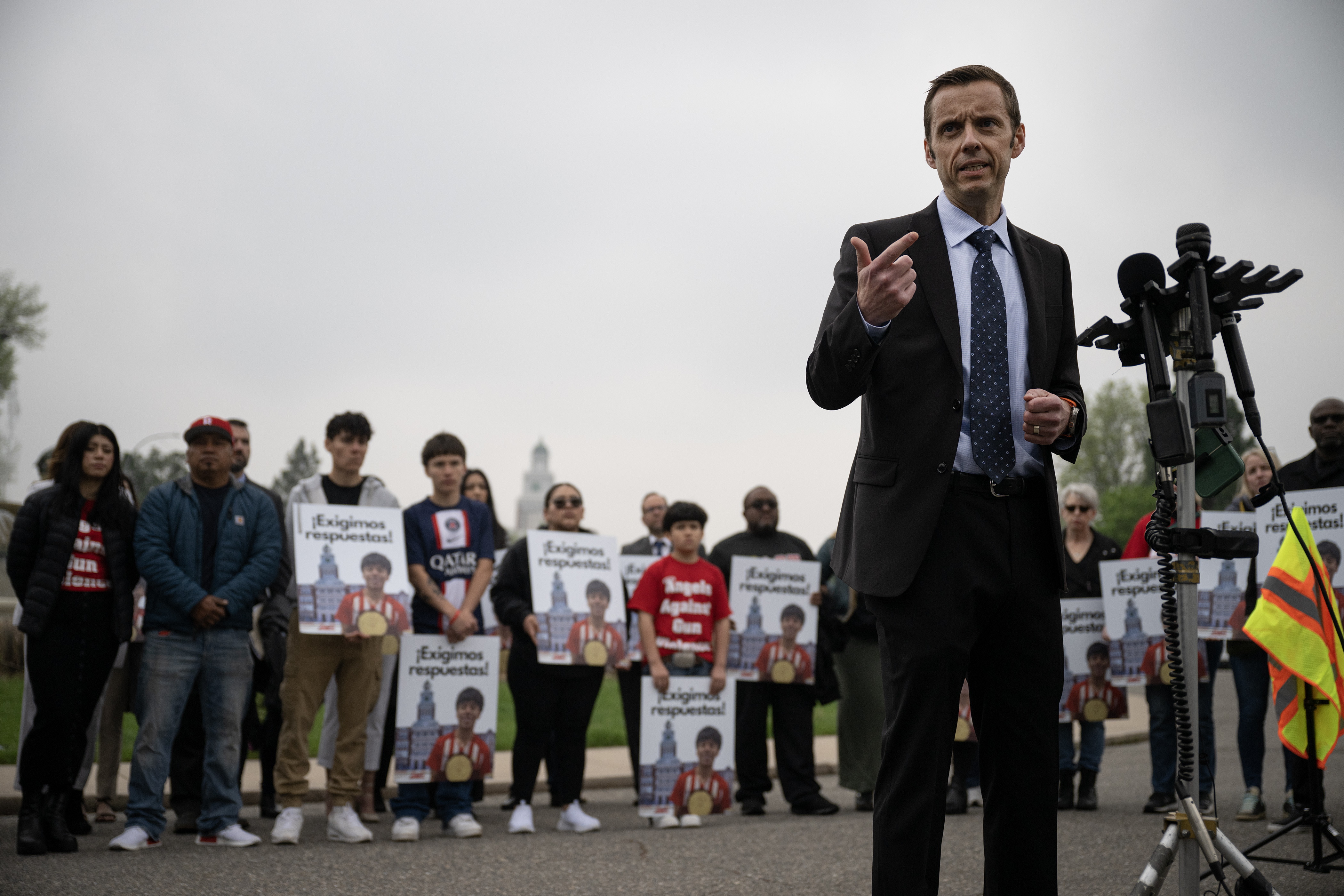 Matthew Barringer, who is representing the family of Luis Garcia, who was shot on February 13th in front of East High School and died two weeks later from his injuries, speaks to media during a press conference in front of the Thatcher Memorial Fountain on Friday, May 19, 2023, at City Park in Denver. (Timothy Hurst/Denver Gazette) (TimHursttim.hurst@gazette.comhttps://secure.gravatar.com/avatar/aca82bd62b4ee425c598527cd6faa1b1?d=mm&r=g)