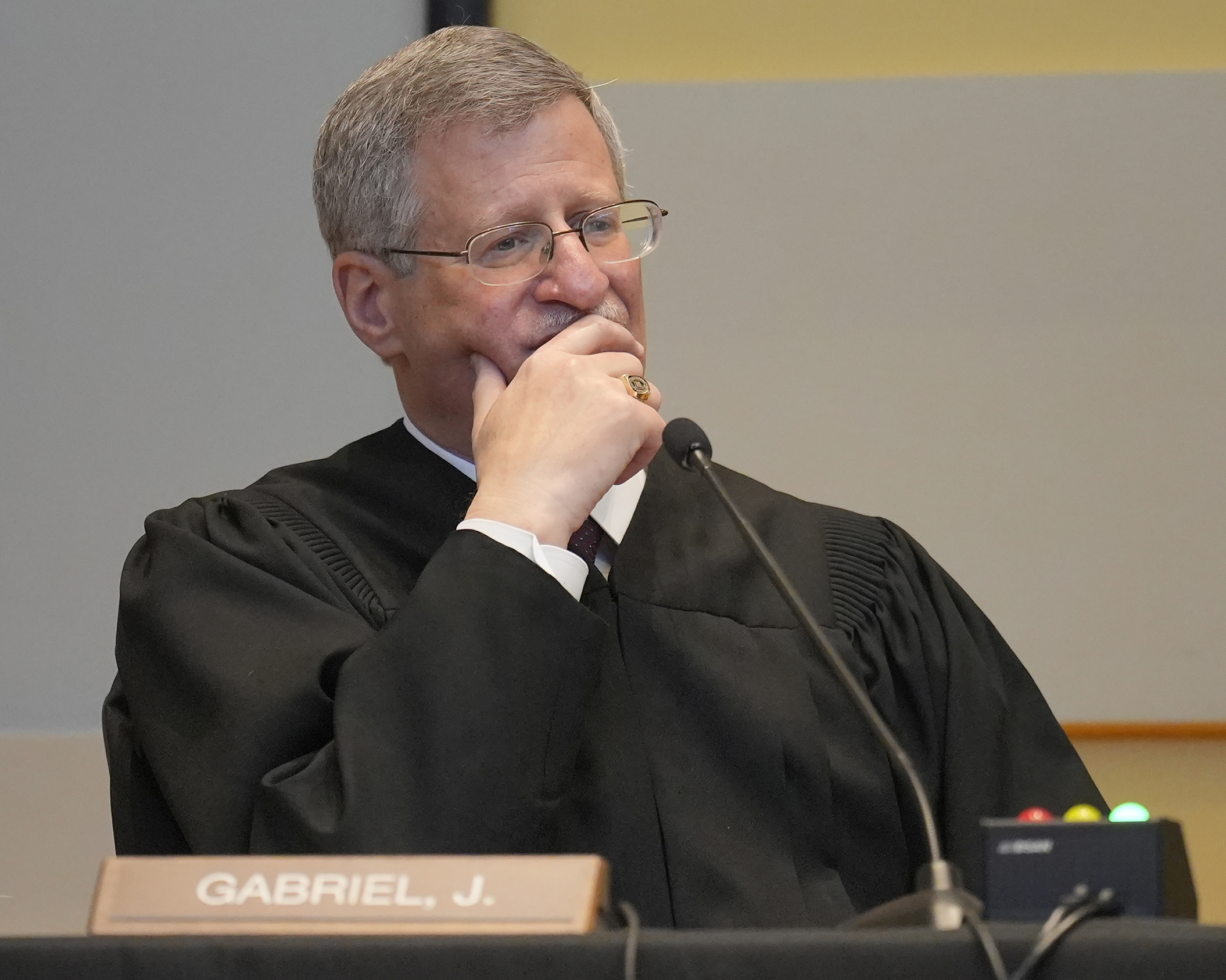 Colorado Supreme Court Justice Richard Gabriel listens to oral arguments Thursday, May 4, at Colorado Mesa University in Grand Junction. (Scott Crabtree/Grand Junction Sentinel/Pool)