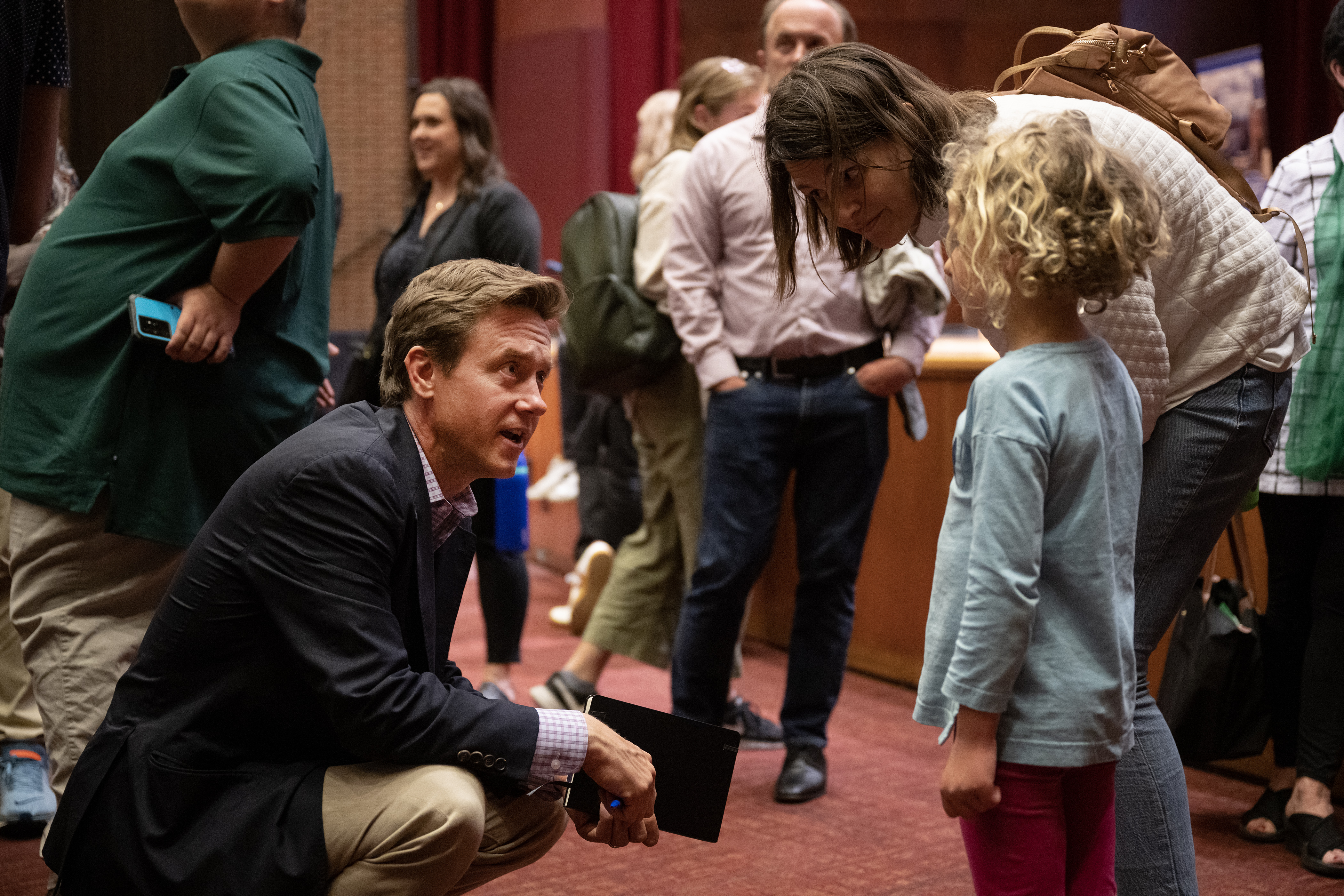 Denver mayoral run-off candidate Mike Johnston answers a question from Maddie Arceci, 6, after a debate with candidate Kelly Brough on Thursday, May 18, 2023, in the Sam & Freda Davis Auditorium at the University of Denver in Denver, Colo. (Timothy Hurst/Denver Gazette) (TimHursttim.hurst@gazette.comhttps://secure.gravatar.com/avatar/aca82bd62b4ee425c598527cd6faa1b1?d=mm&r=g)