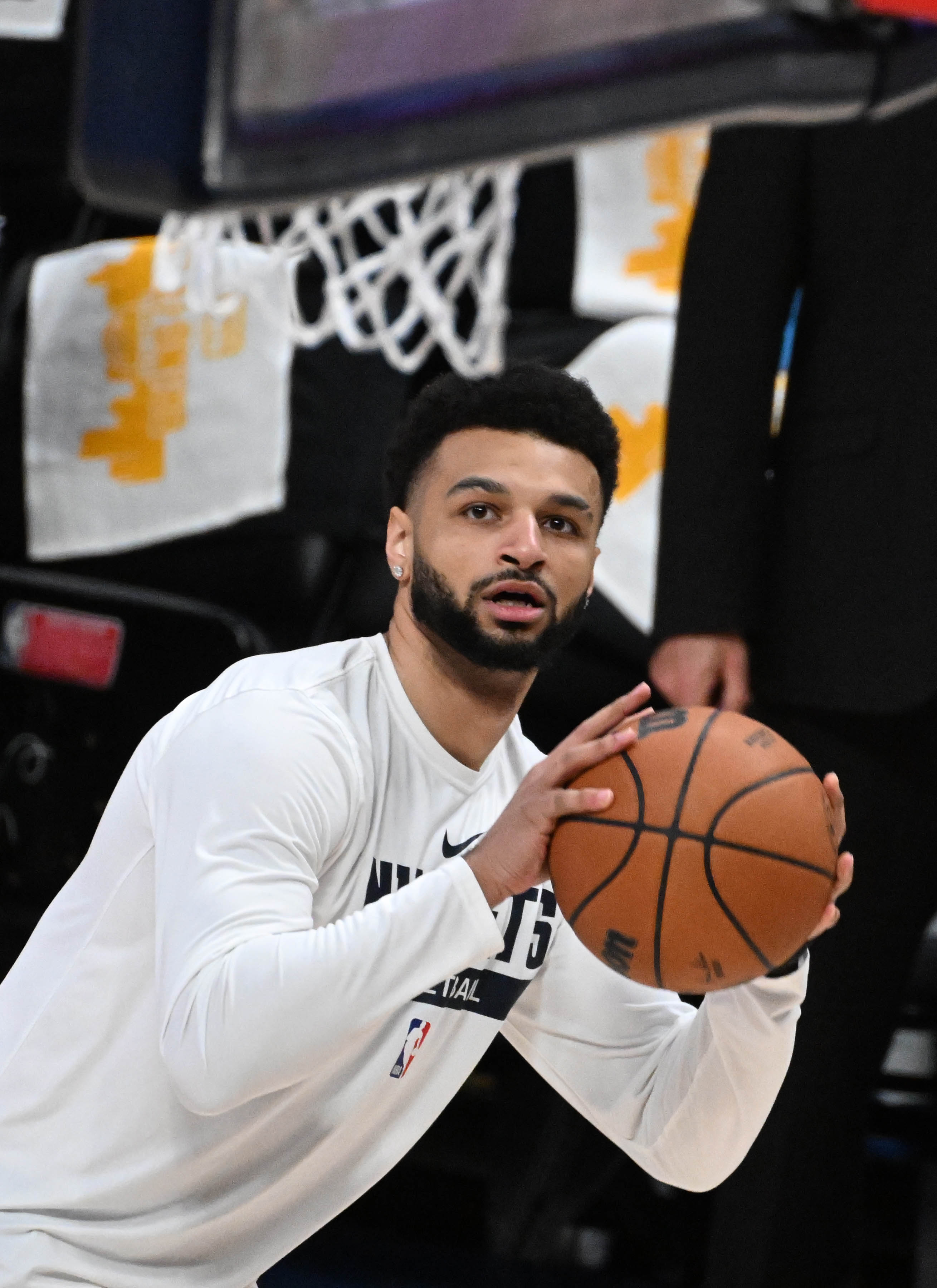 Jamal Murray warms up before game 5 of the NBA Finals at Ball Arena on Monday, June 12, 2023. (Photo by Jerilee Bennett, The Gazette)