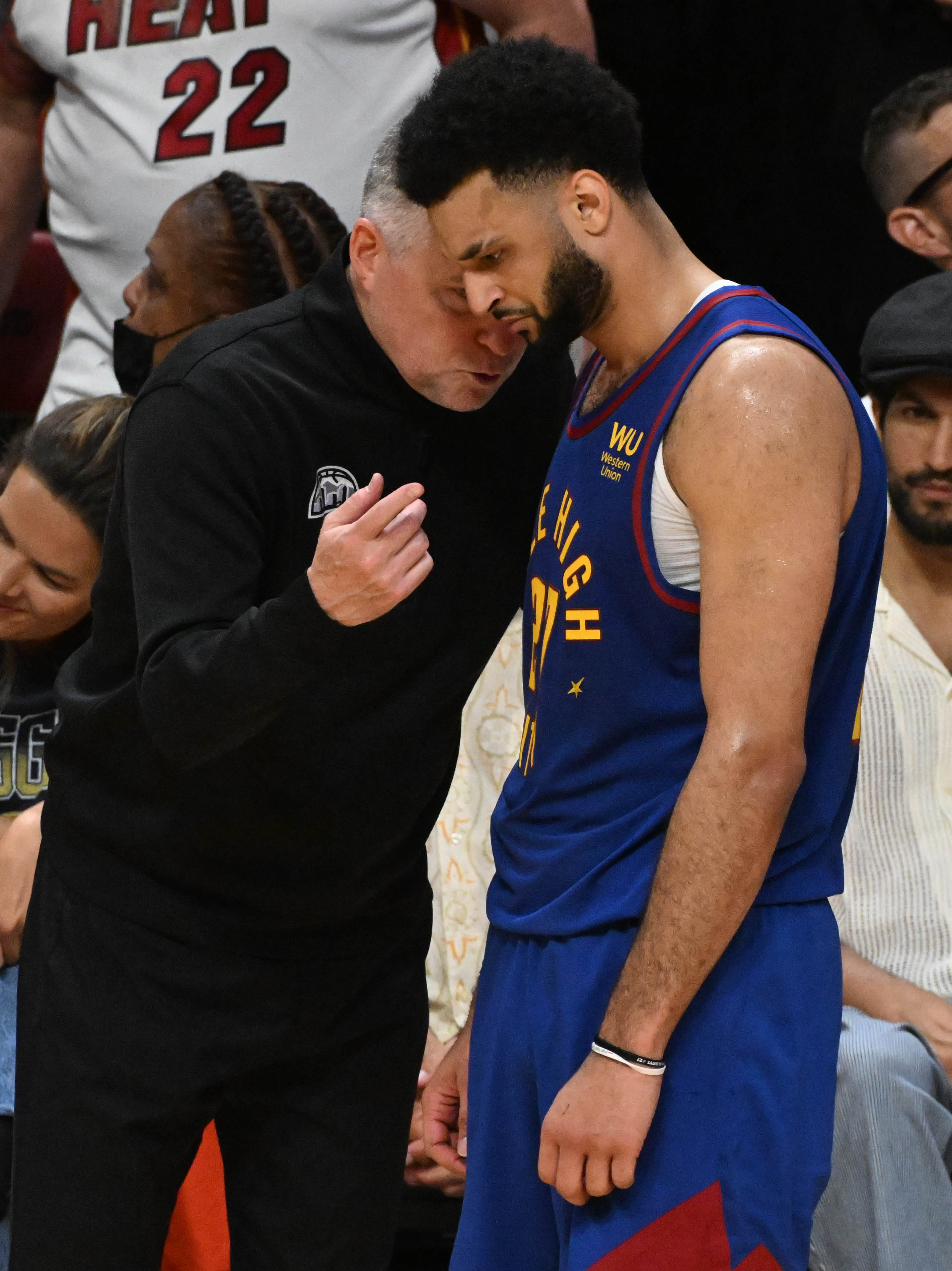 Nuggets Head Coach Michael Malone talks to Denver Nuggets guard Jamal Murray (27) during the 2nd quarter of the game 3 at at the Kaseya Center in Miami during the first quarter of Game 3 of the NBA Finals on Wednesday, June 7, 2023. (Photo by Jerilee Bennett, The Gazette)