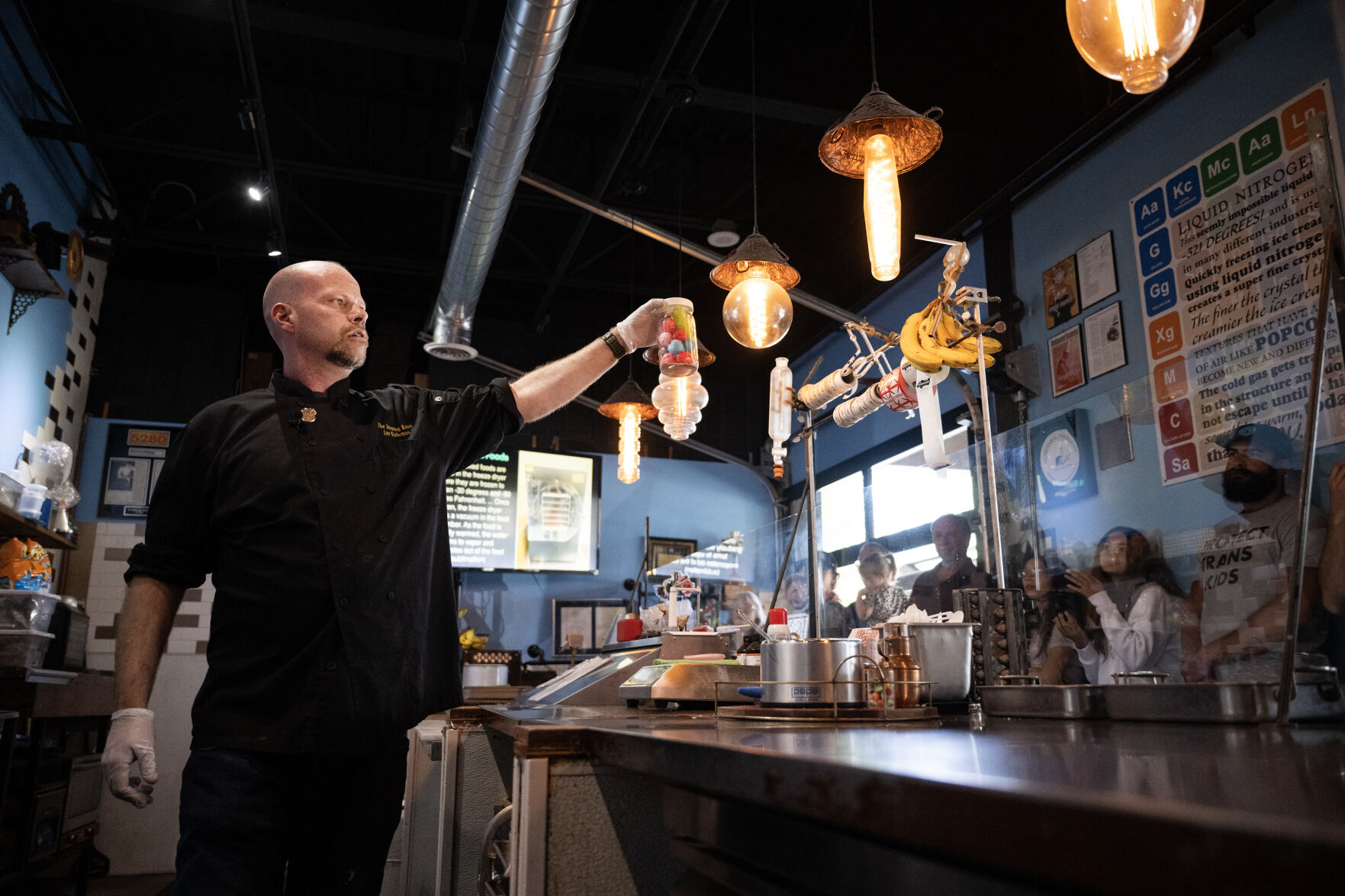 Owner and chef Ian Kleinman shows guests a jar of freeze-dried candy that they’ll be trying during a demonstration at The Inventing Room in Denver. (TimHursttim.hurst@gazette.comhttps://secure.gravatar.com/avatar/aca82bd62b4ee425c598527cd6faa1b1?d=mm&r=g)