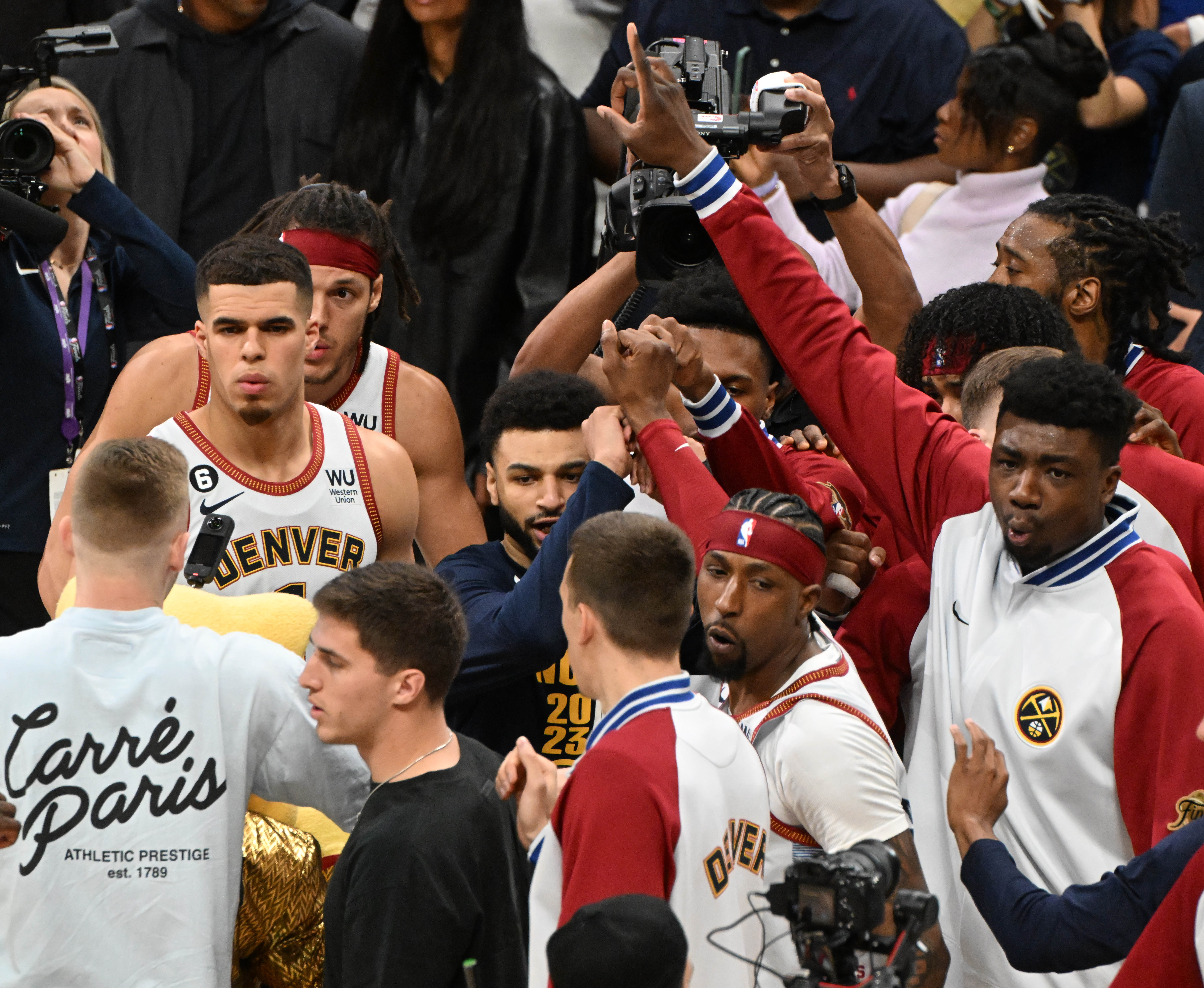 Denver Nuggets take the floor before game 5 of the NBA Finals at Ball Arena on Monday, June 12, 2023. (Photo by Jerilee Bennett, The Gazette)