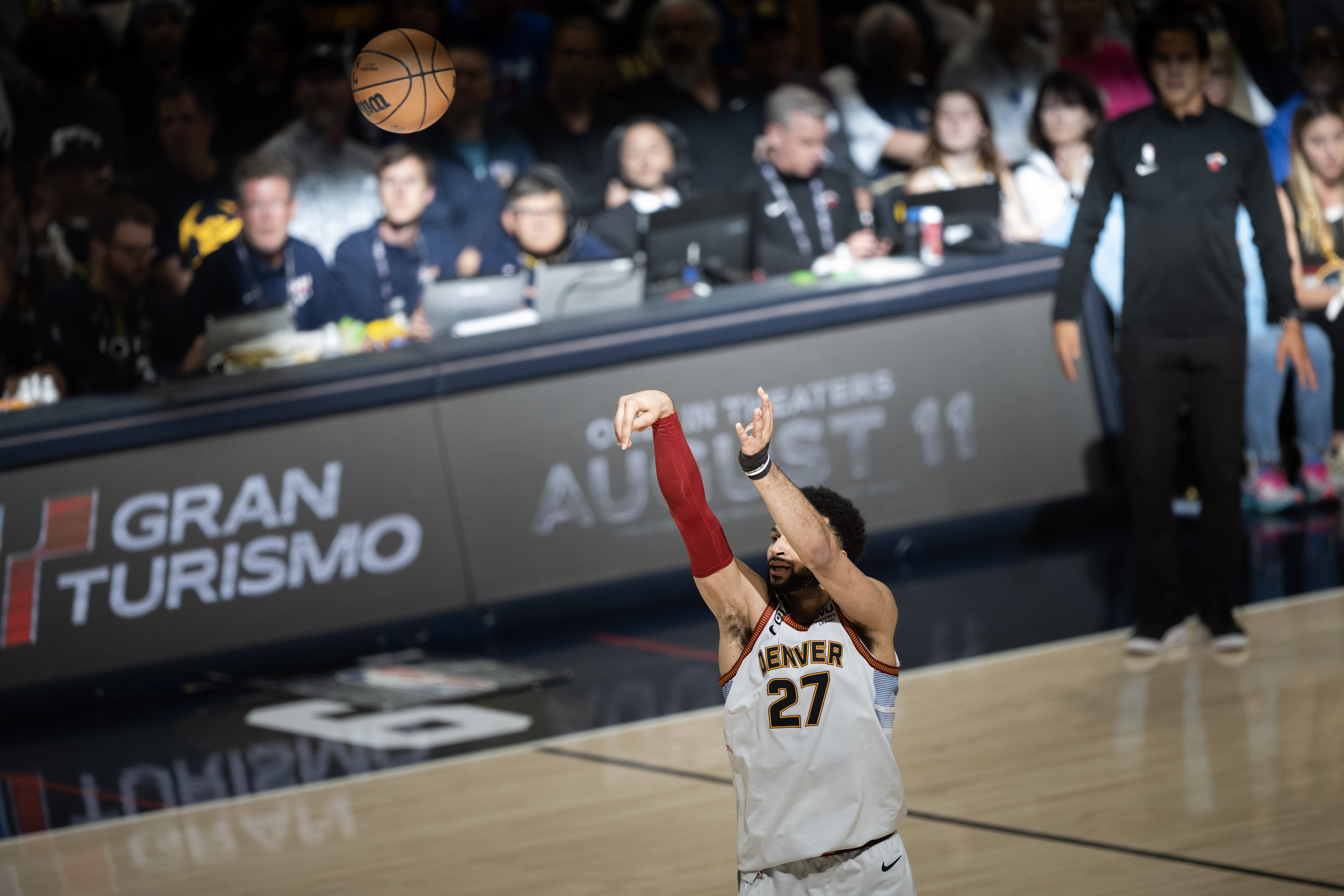 Denver Nuggets guard Jamal Murray (27) attempts a three during the second quarter of Game 5 of the NBA Finals against the Miami Heat on Monday, June 12, 2023, at Ball Arena in Denver. (Timothy Hurst/Denver Gazette) (TimHursttim.hurst@gazette.comhttps://secure.gravatar.com/avatar/aca82bd62b4ee425c598527cd6faa1b1?d=mm&r=g)