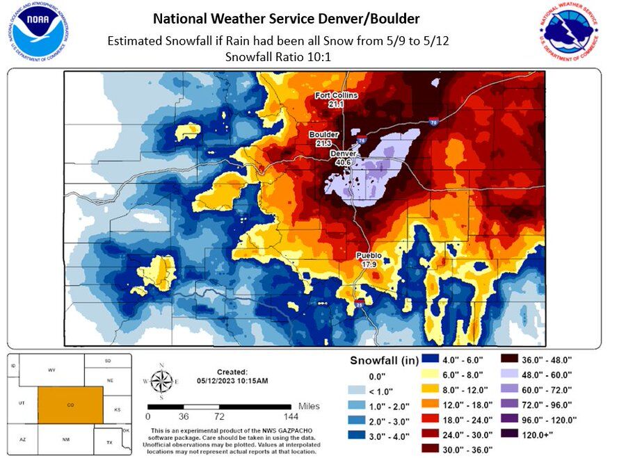 Here is what the snowfall may have looked like based on a 10:1 ratio from the Mother's Day storm May 2023. (Courtesy, National Weather Service)