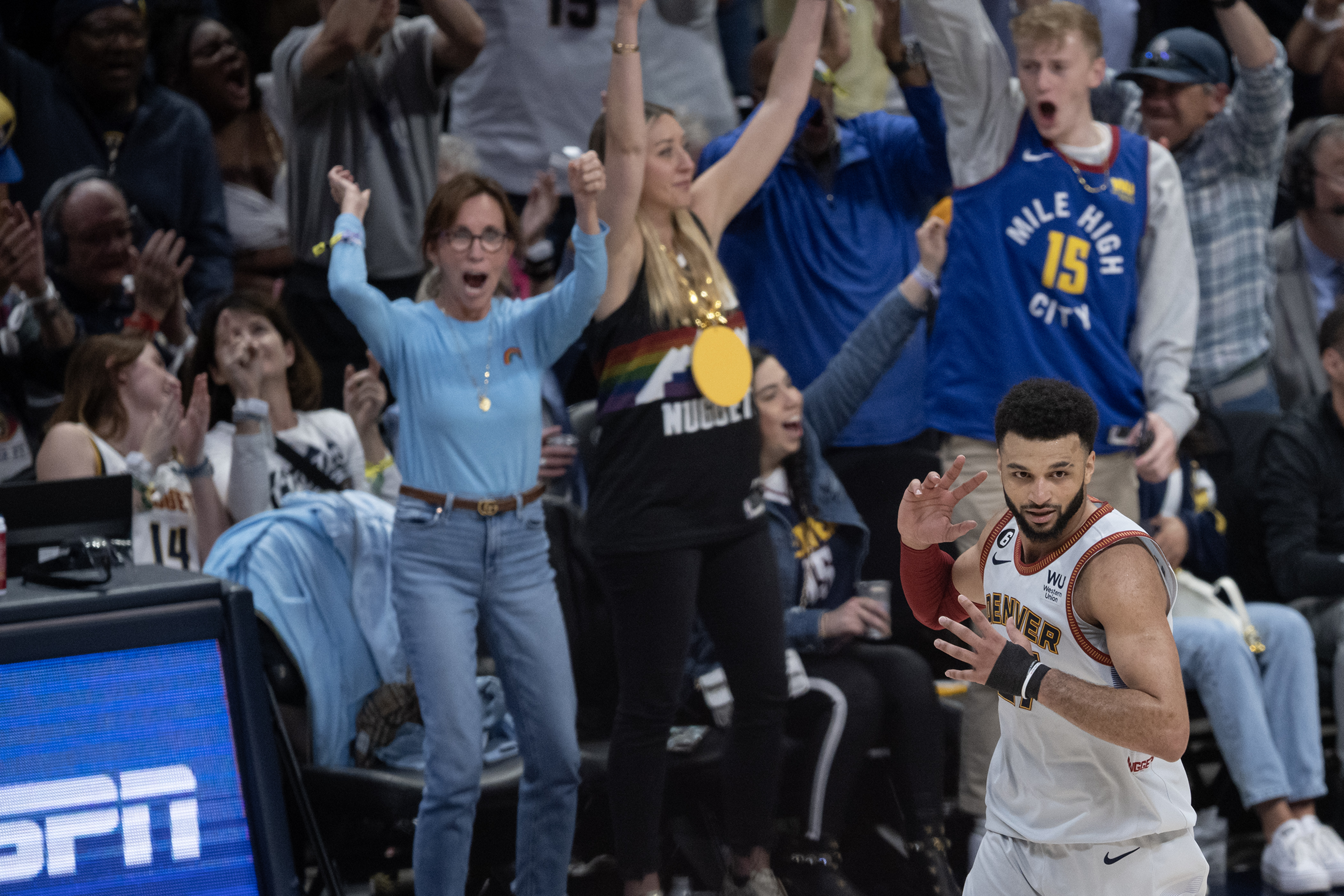Denver Nuggets guard Jamal Murray (27) runs back downcourt after hitting three in a 94-89 win over the Miami Heat in Game 5 of the NBA Finals on Monday, June 12, 2023, at Ball Arena in Denver. (Timothy Hurst/Denver Gazette) (TimHursttim.hurst@gazette.comhttps://secure.gravatar.com/avatar/aca82bd62b4ee425c598527cd6faa1b1?d=mm&r=g)