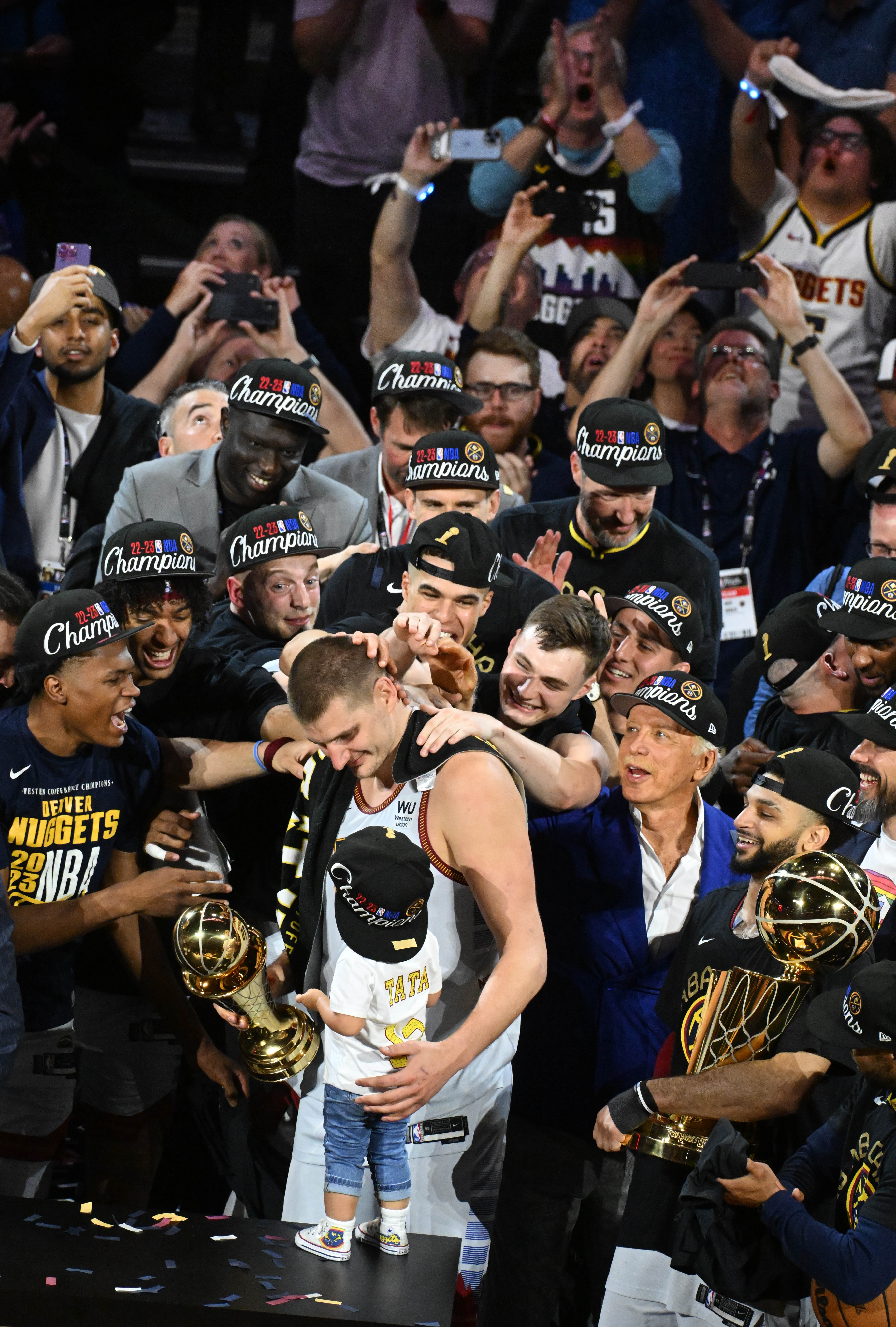 Nikola Jokic and the Denver Nuggets celebrate being the 2023 NBA Champions at Ball Arena on Monday, June 12, 2023. (Photo by Jerilee Bennett, The Gazette)
