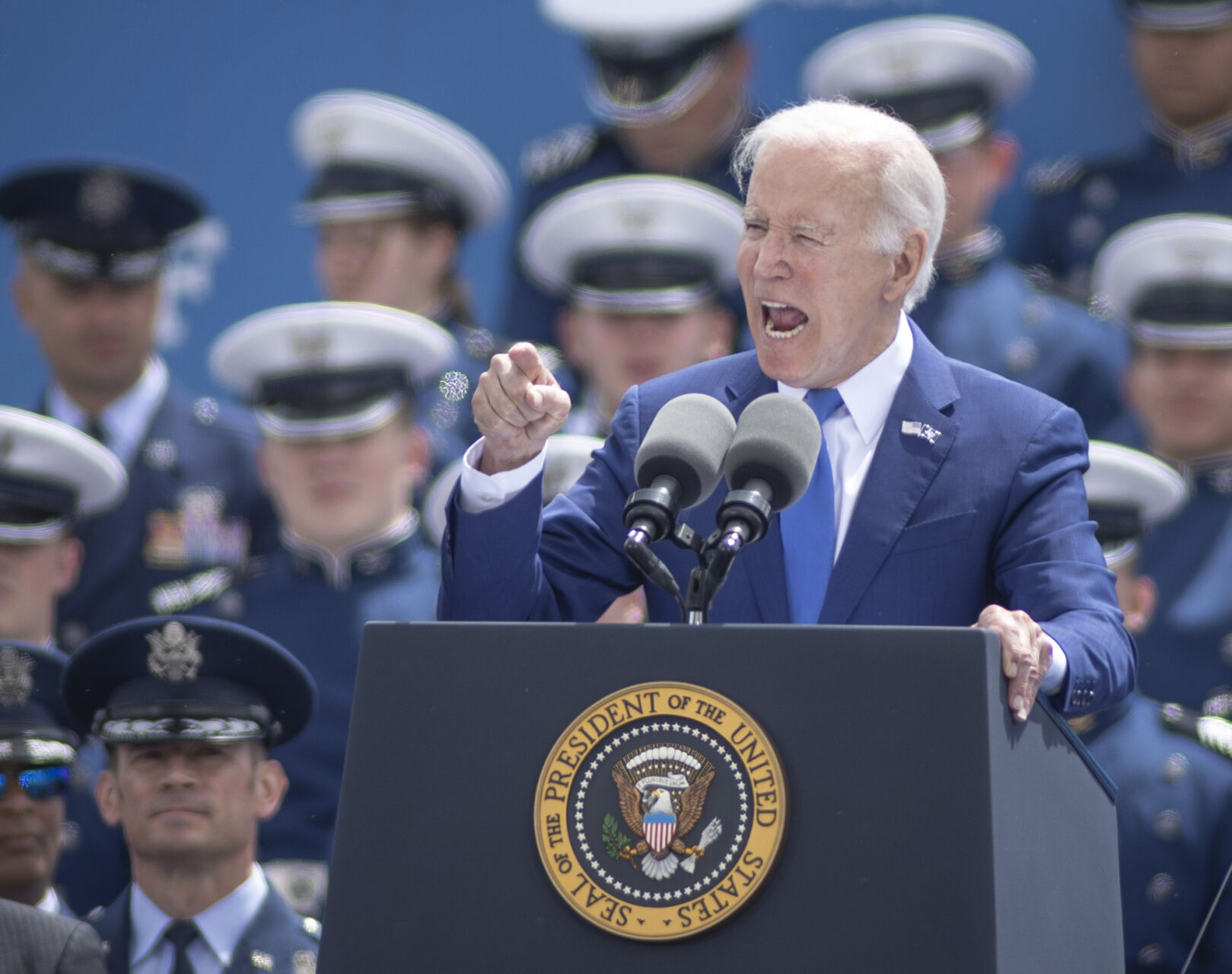 President Joe Biden gives the graduation address at the U.S. Air Force Academy Class of 2023 Graduation at Falcon Stadium on the U.S. Air Force Academy campus in Colorado Springs, Co., on Thursday, June 1, 2023. (GabiBroekemaPhoto Interngabi.broekema@gazette.comhttps://secure.gravatar.com/avatar/9aa2a13da1acfaa50410cb37bf21fdb1?d=mm&r=g)