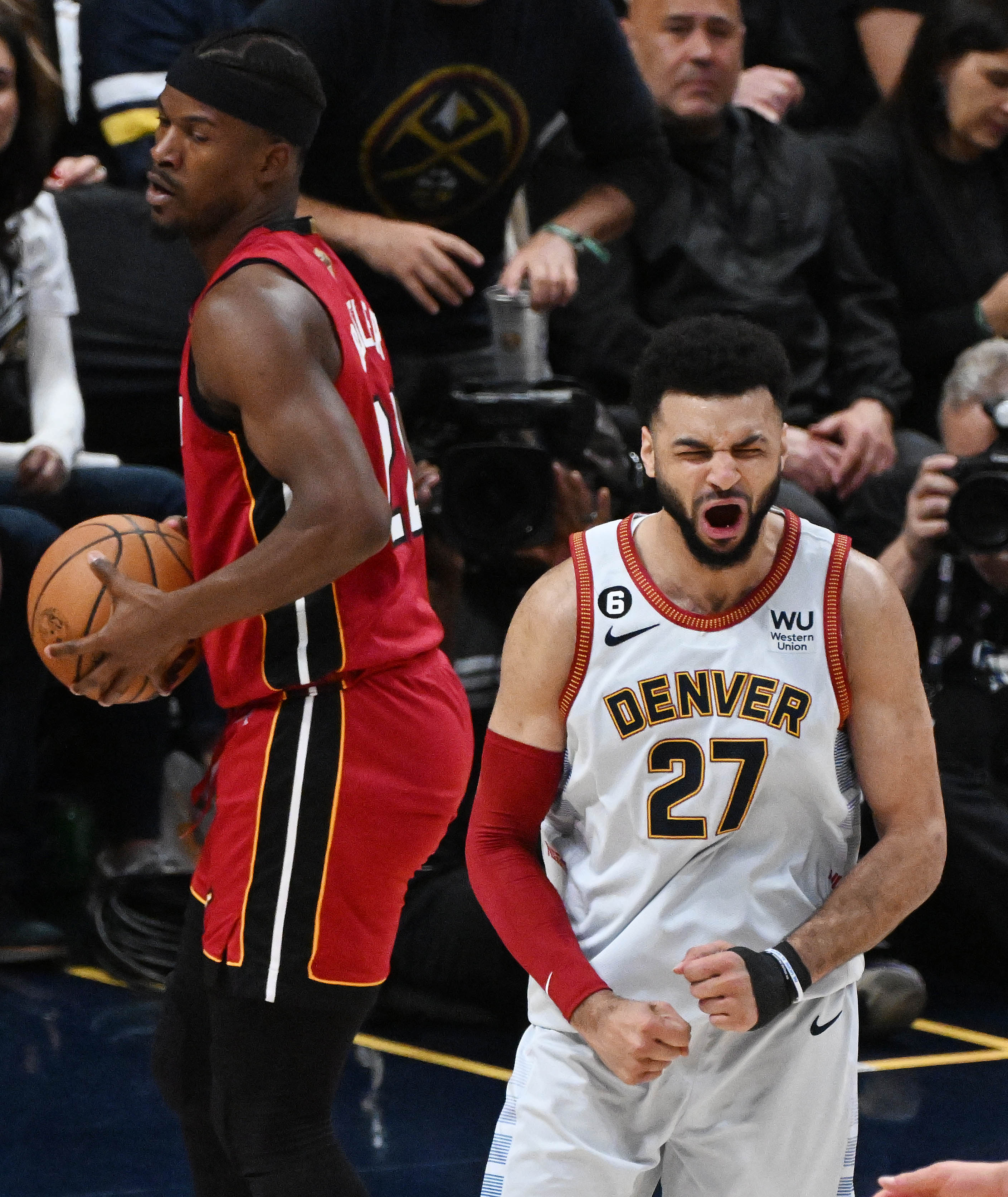061323-s-dg-nuggets-game5 5392.jpgDenver Nuggets guard Jamal Murray (27) is upset with a call during the second quarter of Game 5 of the NBA Finals at Ball Arena on Monday. (Jerilee Bennett, The Gazette)
