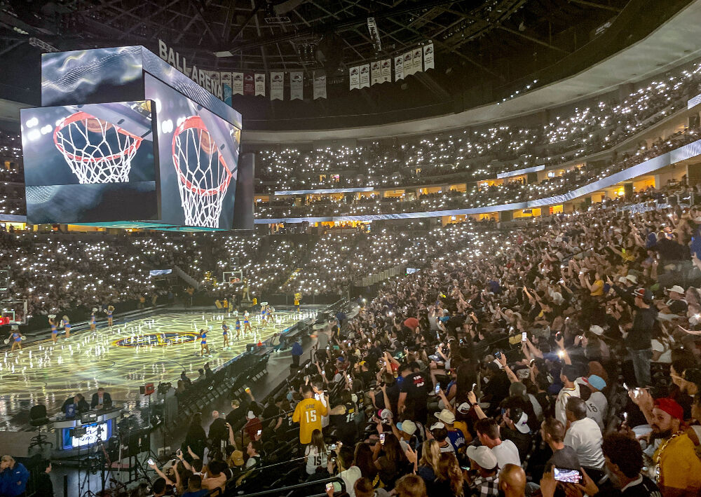 The scene from the Denver Nuggets' Game 3 Watch Party at Ball Arena on Wednesday night. (John Moore, The Denver Gazette)