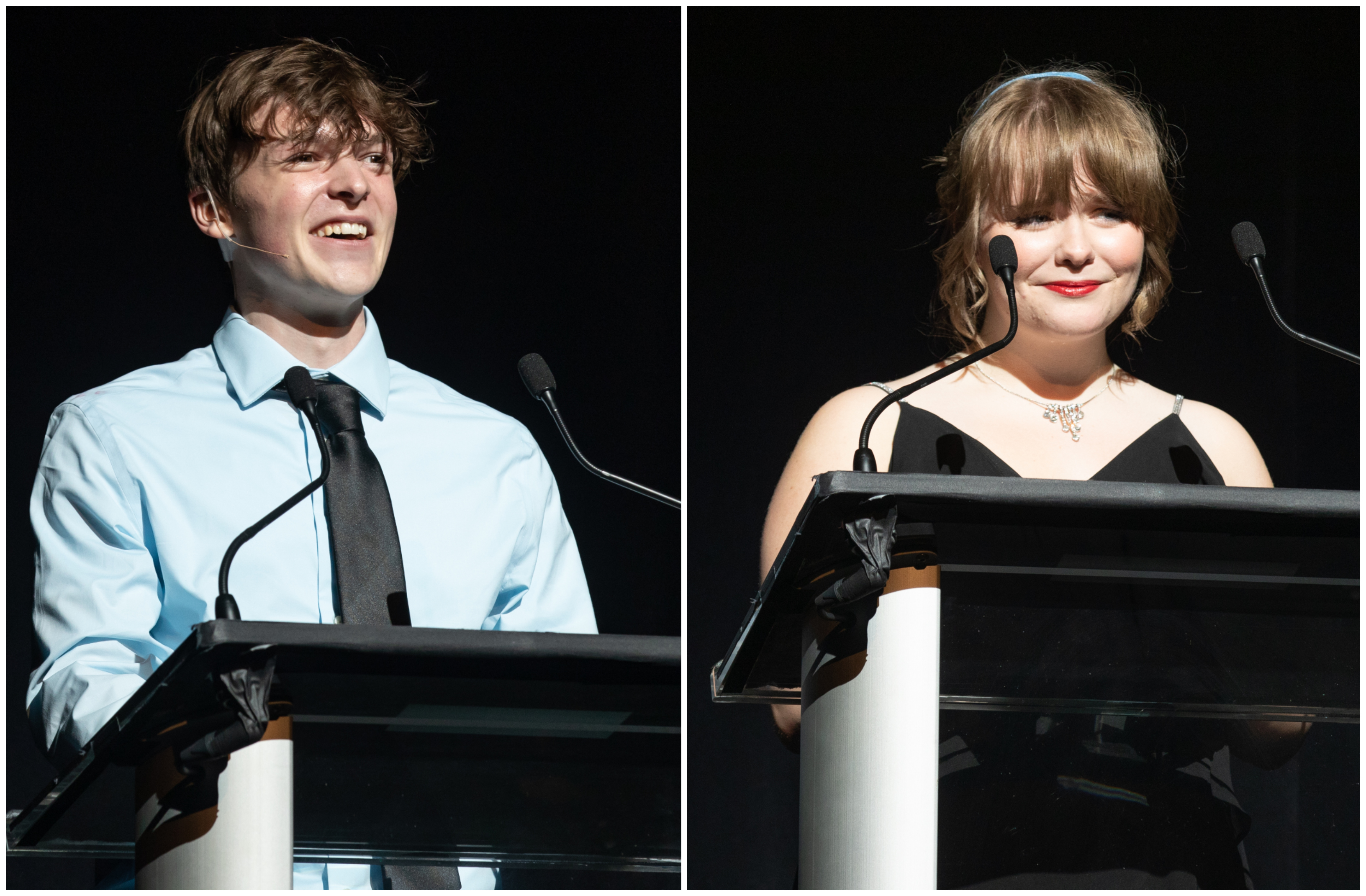 Connor O’Brian of Lakewood High School ('Something Rotten') and Camille Nugent of Fossil Ridge High School in Fort Collins ('Bright Star') accept their Outstanding Performance awards at the 2023 Bobby G Awards on May 18 at the Ellie Caulkins Opera House. (Photo by McLeod9 Creative)