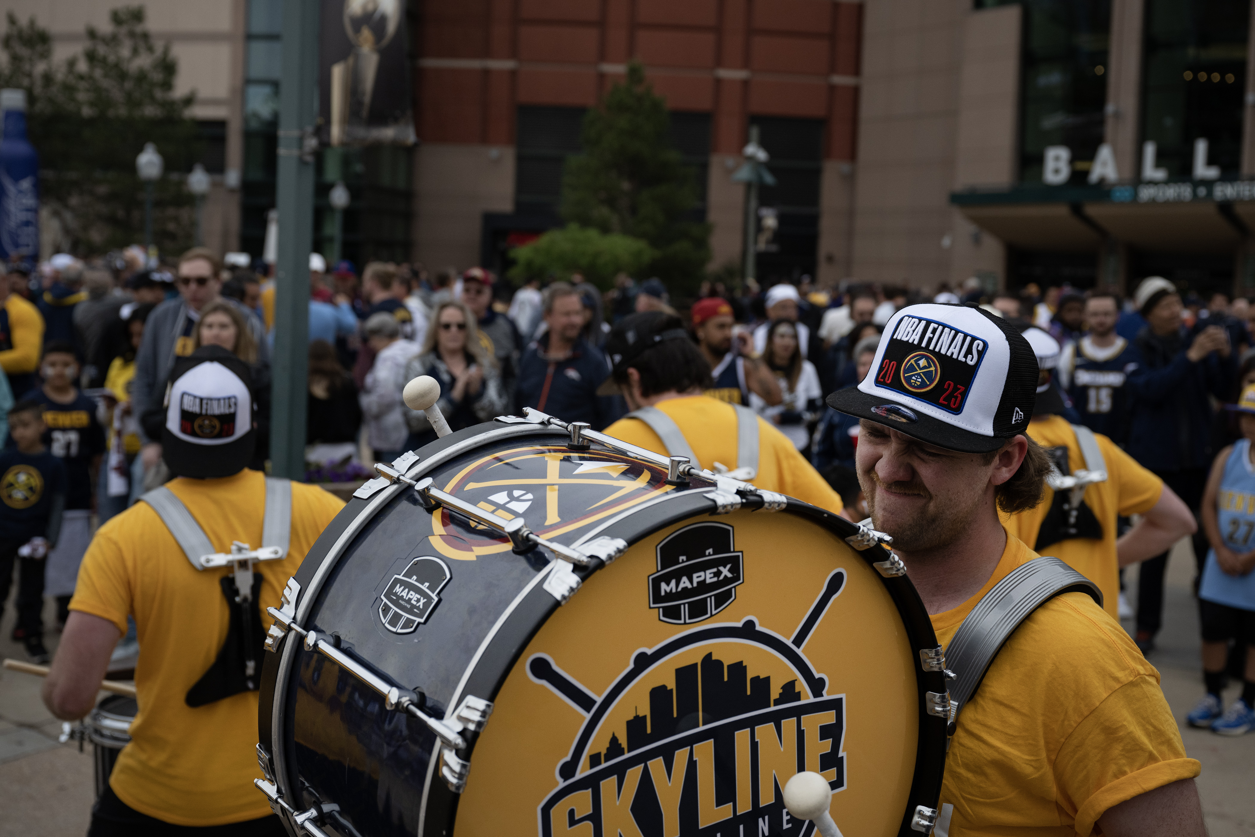 The Skyline Drumline plays to the crowd outside Ball Arena before Game 5 of the NBA Finals between the Denver Nuggets and the Miami Heat on Monday, June 12, 2023, in Denver. (Timothy Hurst/Denver Gazette) (TimHursttim.hurst@gazette.comhttps://secure.gravatar.com/avatar/aca82bd62b4ee425c598527cd6faa1b1?d=mm&r=g)