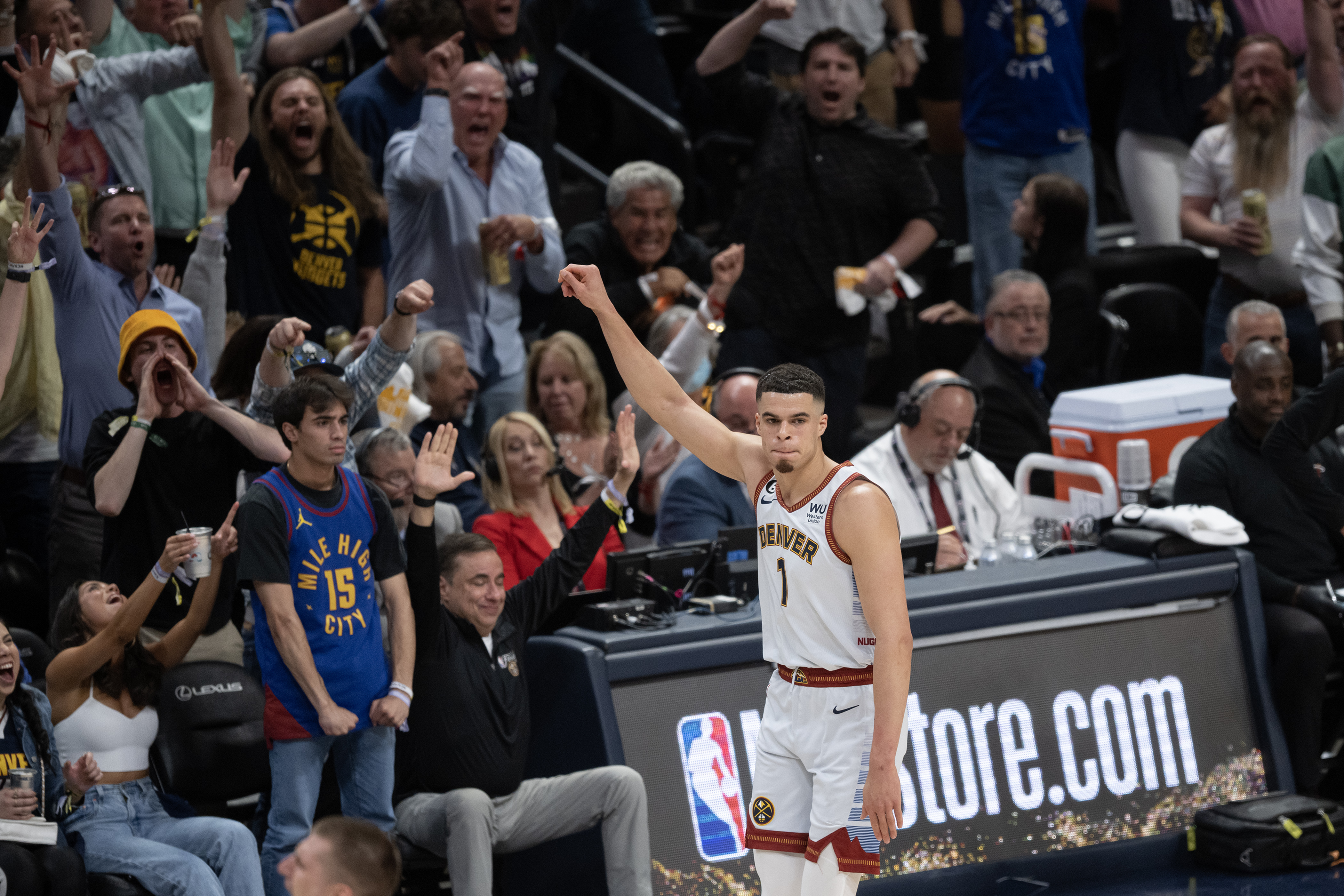 Denver Nuggets forward Michael Porter Jr. (1) reacts after scoring in a 94-89 win over the Miami Heat in Game 5 of the NBA Finals on Monday, June 12, 2023, at Ball Arena in Denver. (Timothy Hurst/Denver Gazette) (TimHursttim.hurst@gazette.comhttps://secure.gravatar.com/avatar/aca82bd62b4ee425c598527cd6faa1b1?d=mm&r=g)