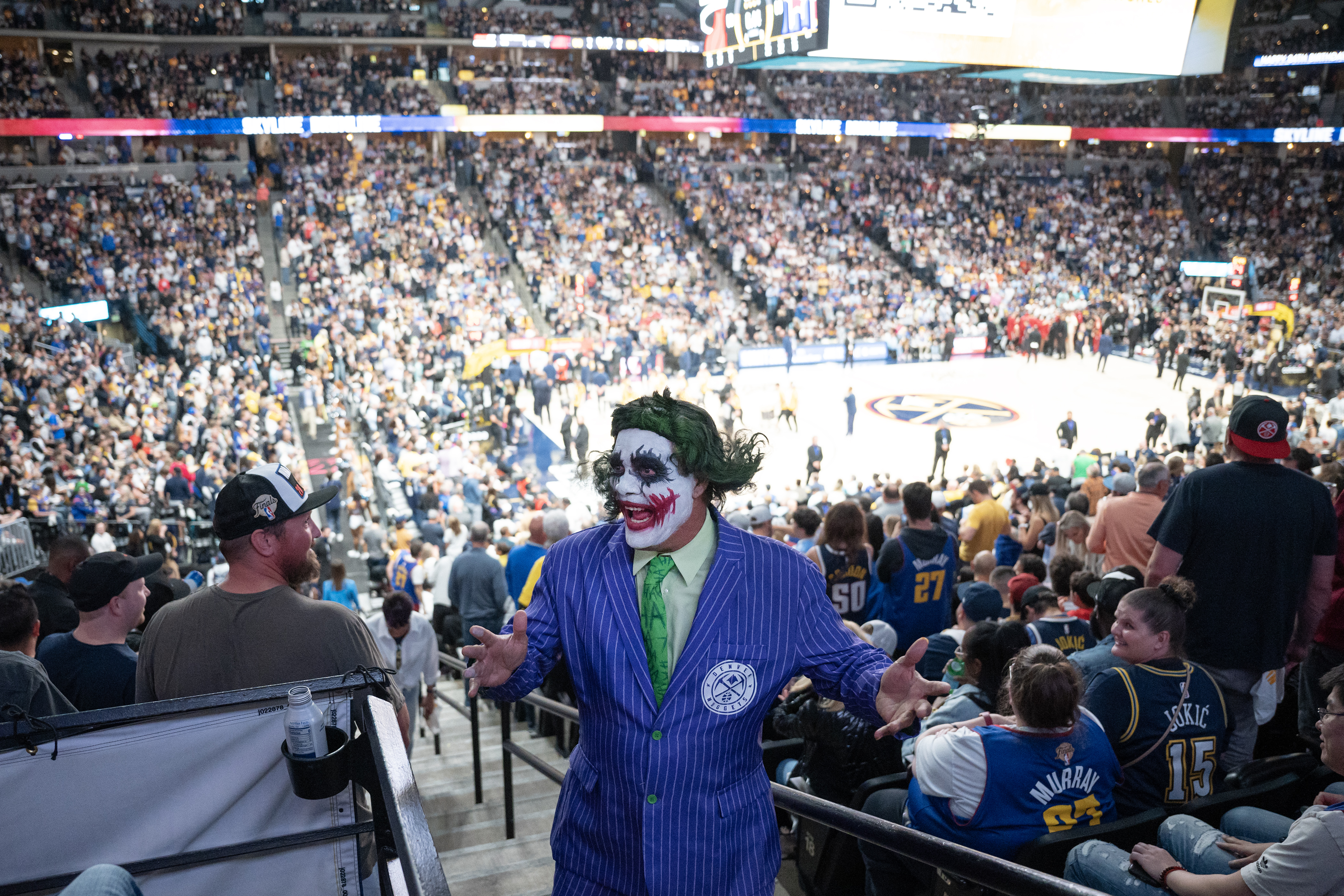 A Denver Nuggets fan dressed as The Joker entertains fans during a 94-89 win over the Miami Heat in Game 5 of the NBA Finals on Monday, June 12, 2023, at Ball Arena in Denver. (Timothy Hurst/Denver Gazette) (Timothy Hurst/Denver Gazette)