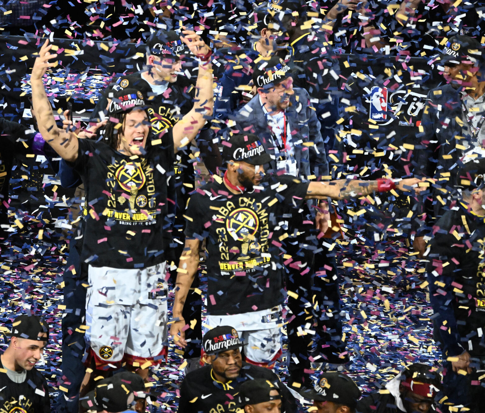 Nikola Jokic and the Denver Nuggets celebrate being the 2023 NBA Champions at Ball Arena on Monday, June 12, 2023. (Photo by Jerilee Bennett, The Gazette)