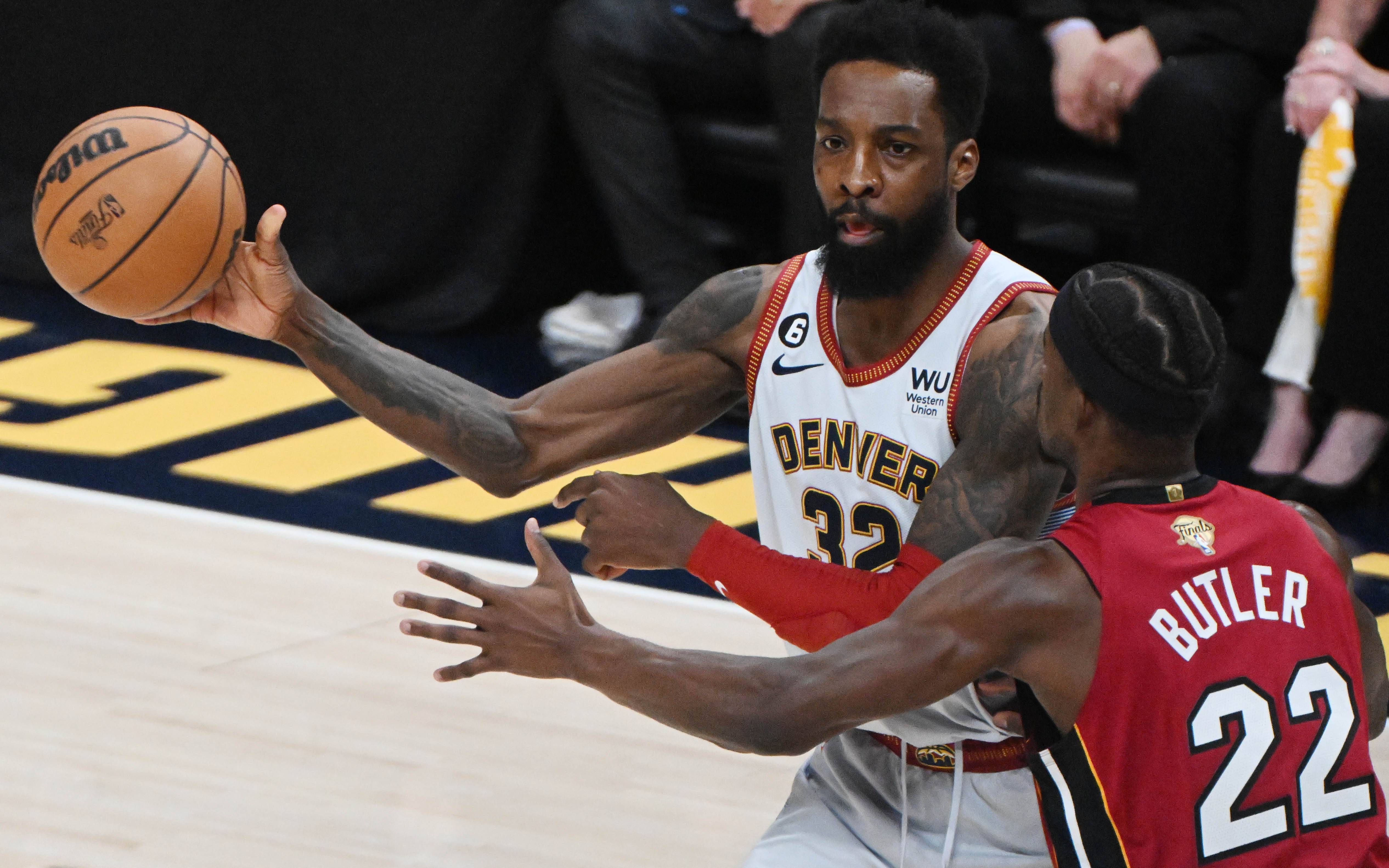 Denver Nuggets forward Jeff Green (32) passes the ball during the first quarter of game 5 of the NBA Finals at Ball Arena on Monday, June 12, 2023. (Photo by Jerilee Bennett, The Gazette)