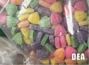 Law enforcement officials are concerned about fentanyl pills in a range of colors and shapes, including the logos of popular brands, designed to appeal to young people. (Photo provided by the FBI's Denver field office)