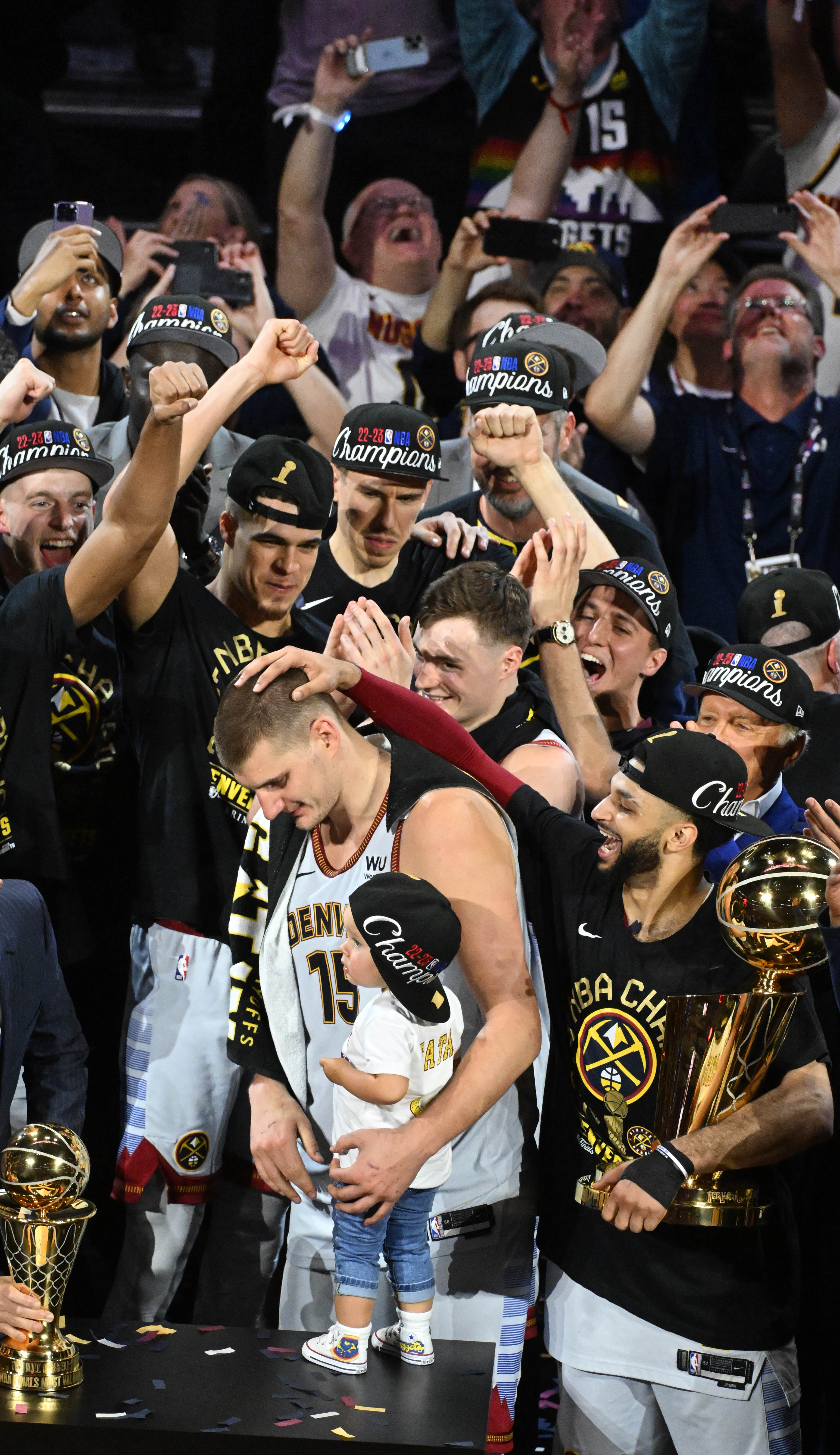 Nikola Jokic and the Denver Nuggets celebrate being the 2023 NBA Champions at Ball Arena on Monday, June 12, 2023. (Photo by Jerilee Bennett, The Gazette)